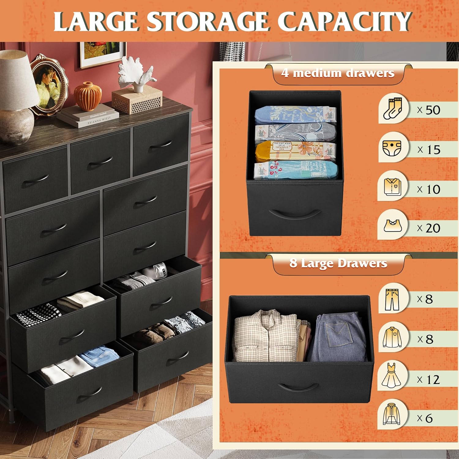 WLIVE Minimalist Tall 11-Drawer Storage Fabric Dresser
