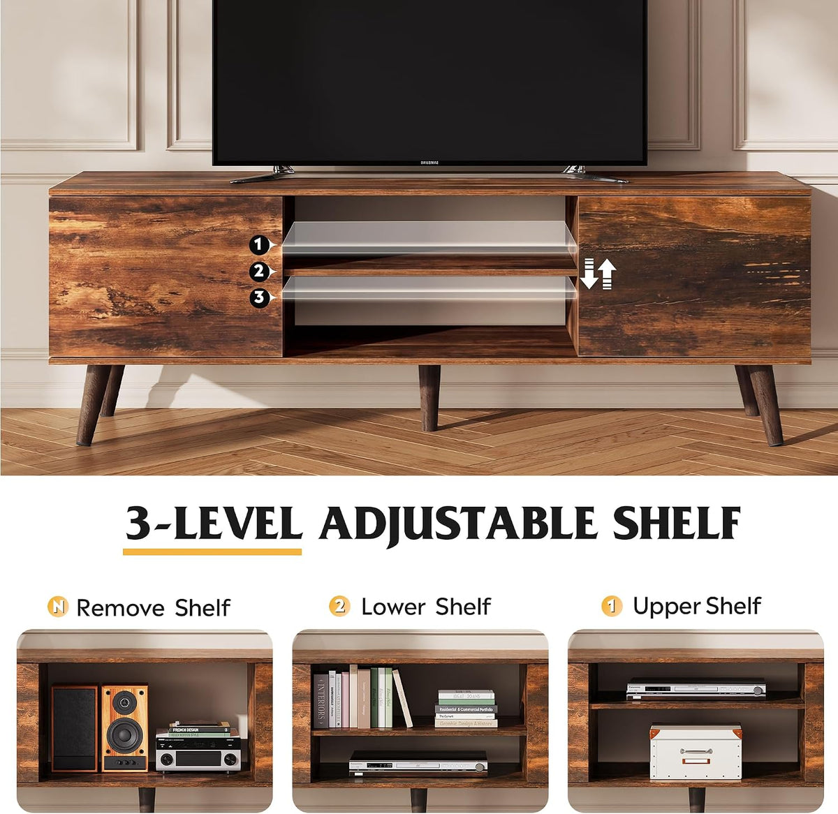 WLIVE TV Stand for 55 60 Inch TV, mid Century Modern Entertainment Center with 2 Cabinets Storage & Adjustable Shelf, Media Console Table for Living Room, Bedroom, Media Furniture