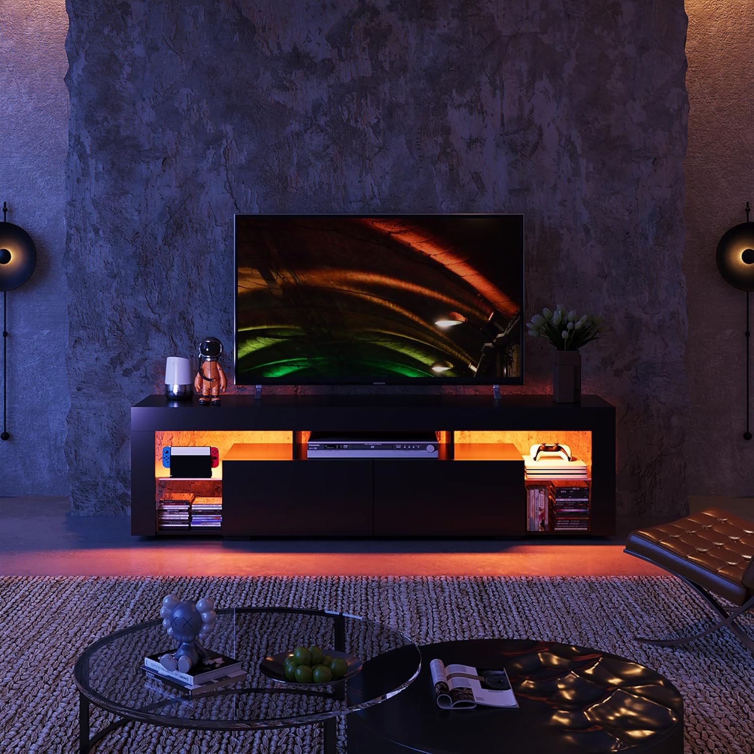 WLIVE Modern LED TV Stand with Glass Shelves for 70 Inch TV
