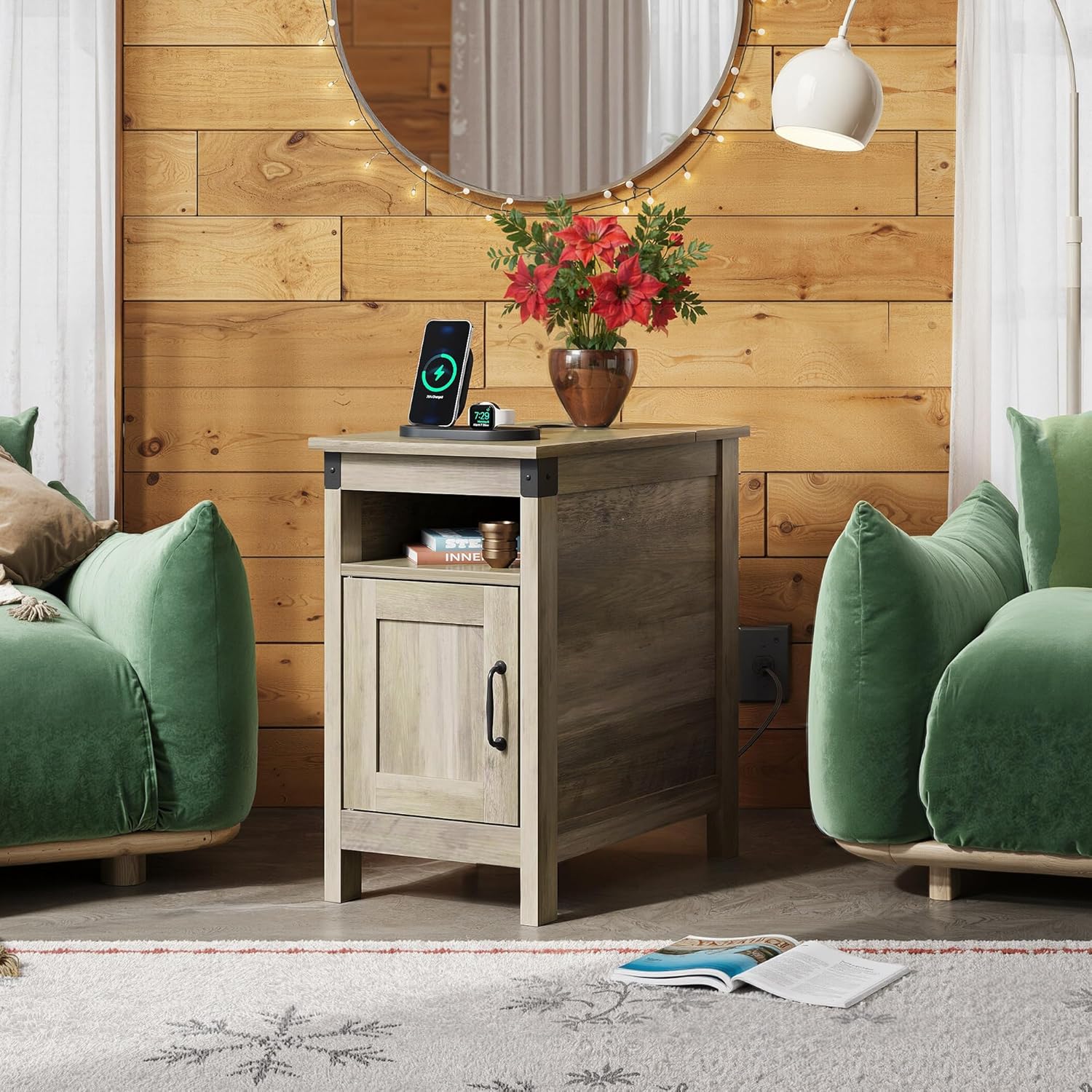WLIVE End Table with Charging Station, Narrow Side Table for Living Room, Farmhouse Night Stand with Storage, Small Wooden Cabinet with USB Ports and Outlets for Living Room and Bedroom