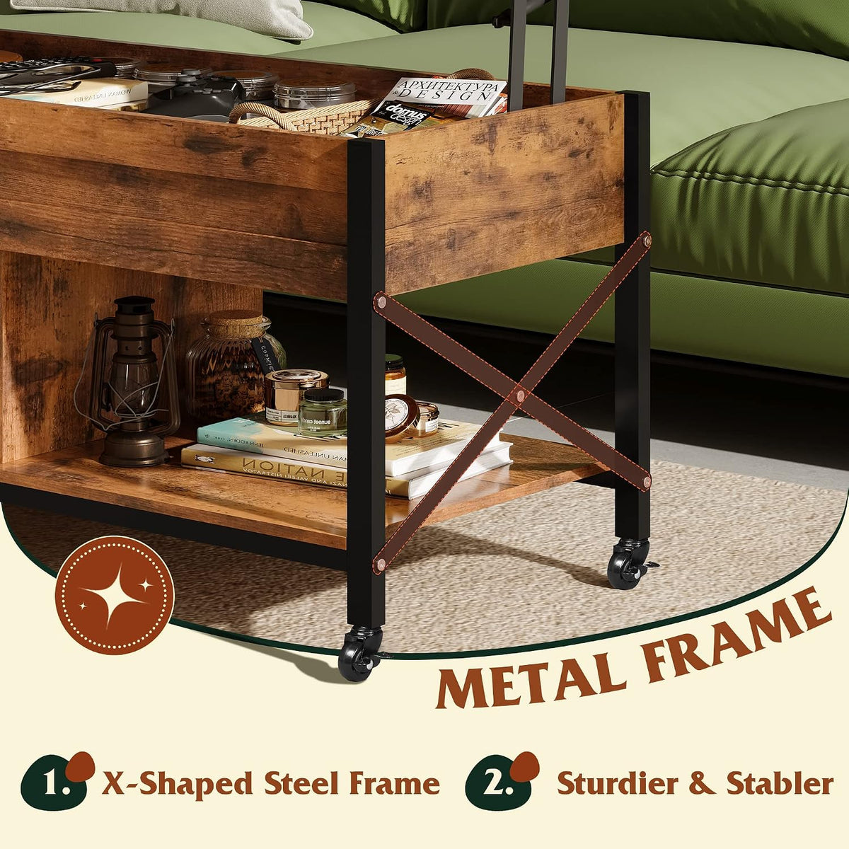 WLIVE Coffee Table Rustic Brown, 41.3" Lift Top Coffee Table with 4 Wheels