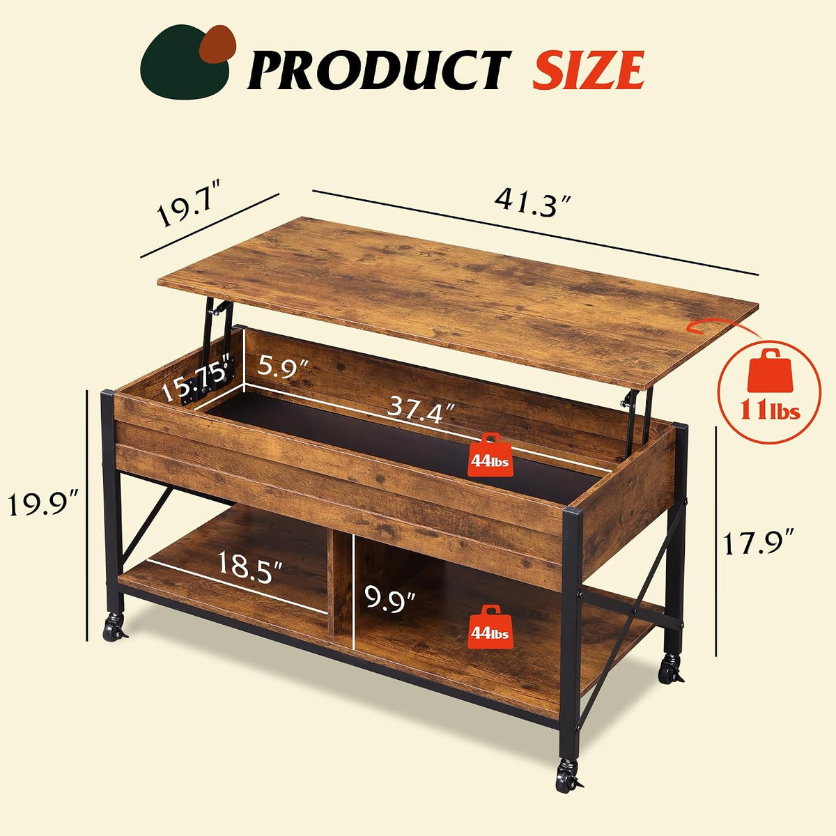 WLIVE Coffee Table Rustic Brown, 41.3" Lift Top Coffee Table with 4 Wheels
