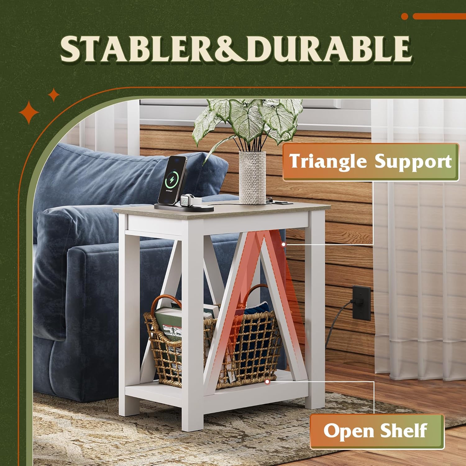 WLIVE Farmhouse Narrow 2-Tier Side Table with Charging Station