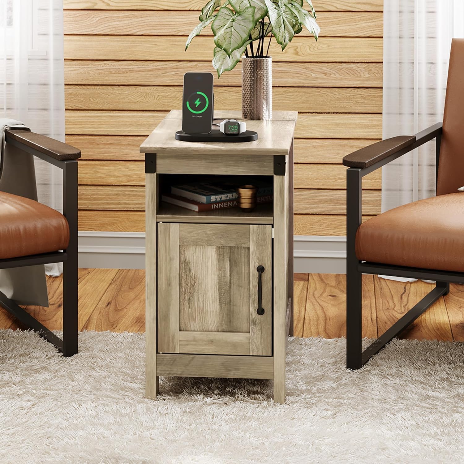 WLIVE Farmhouse End Table Set of 2 with Charging Station, Narrow Side Tables Living Room, Bedroom, Couch with USB Ports and Outlets, Wood Nightstand Sets with Storage