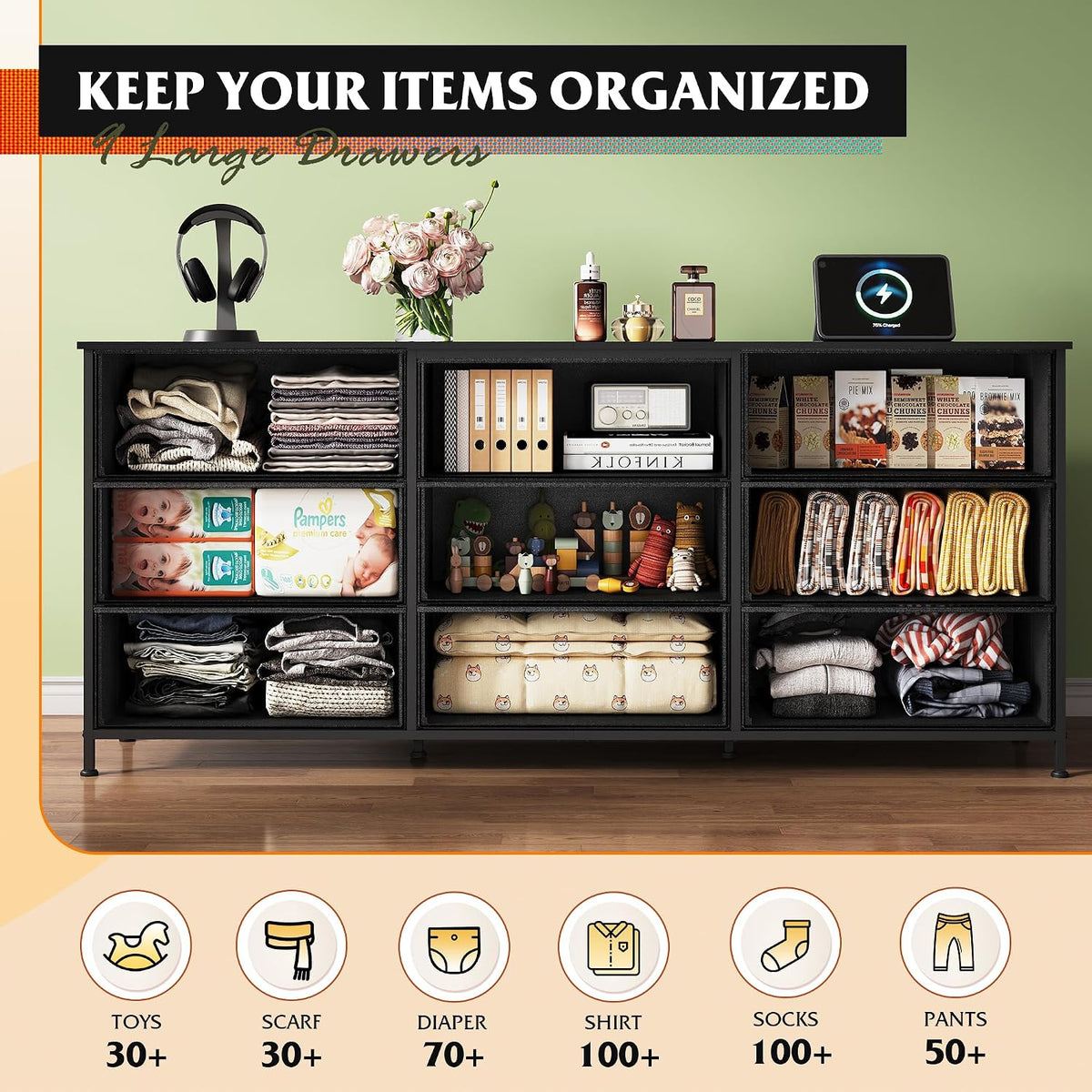 WLIVE Dresser TV Stand for 75'' TV, 9 Fabric Drawers of Wide Dresser, Black