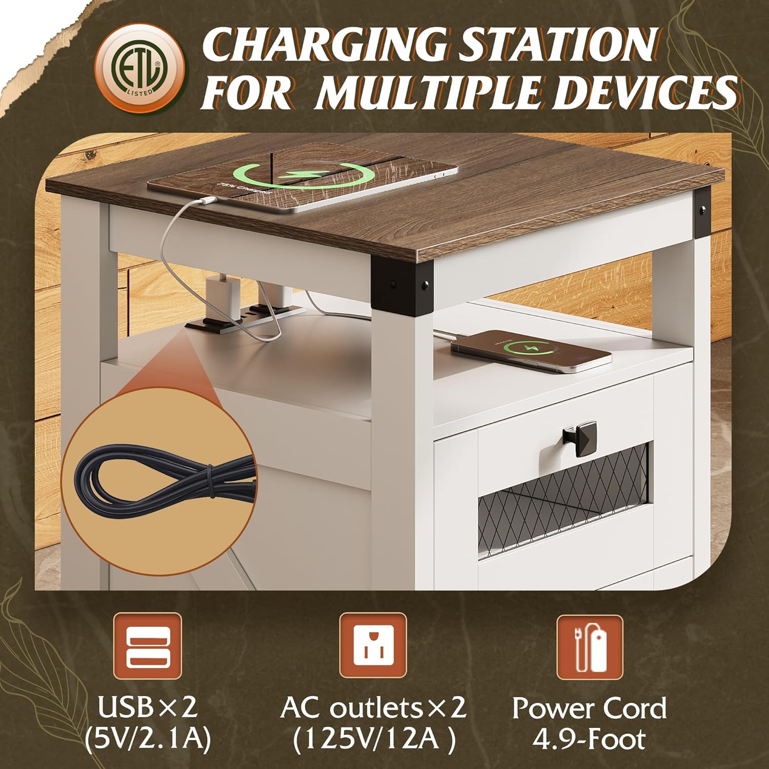 WLIVE Farmhouse 2 Drawer Wood Nightstand with Charging Station