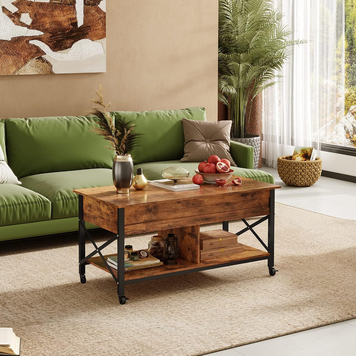WLIVE Coffee Table Rustic Brown, 41.3" Lift Top Coffee Table with 4 Wheels