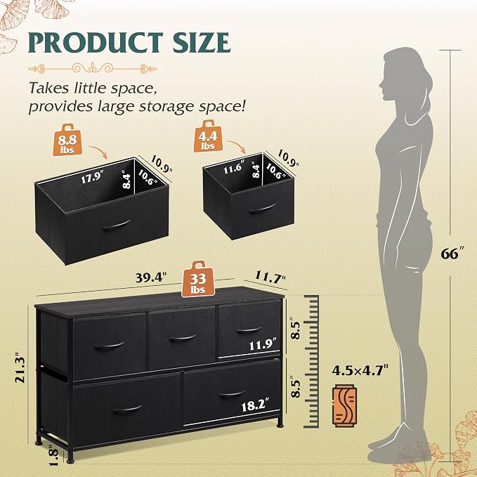 WLIVE Dresser for Bedroom, Wide Dresser with 5 Fabric Drawer Charcoal Black
