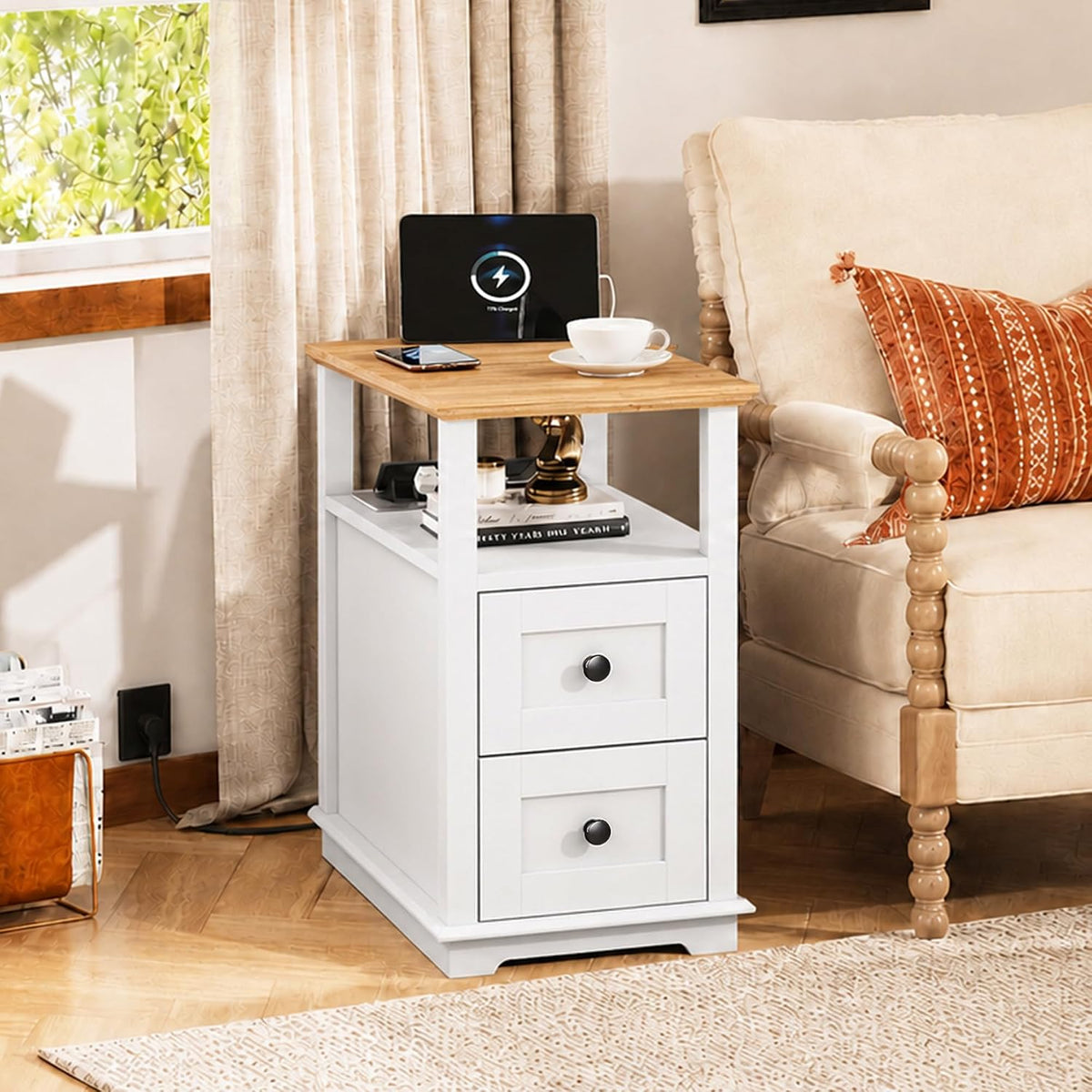 WLIVE End Table with Charging Station & 2 Drawers Narrow Nightstand White 2 USB Ports + 2 AC Outlets; Hidden Flip-Top Charging Station; Antique Cherry Finish; 2 Drawers + Open Shelf + Cabinet Storage