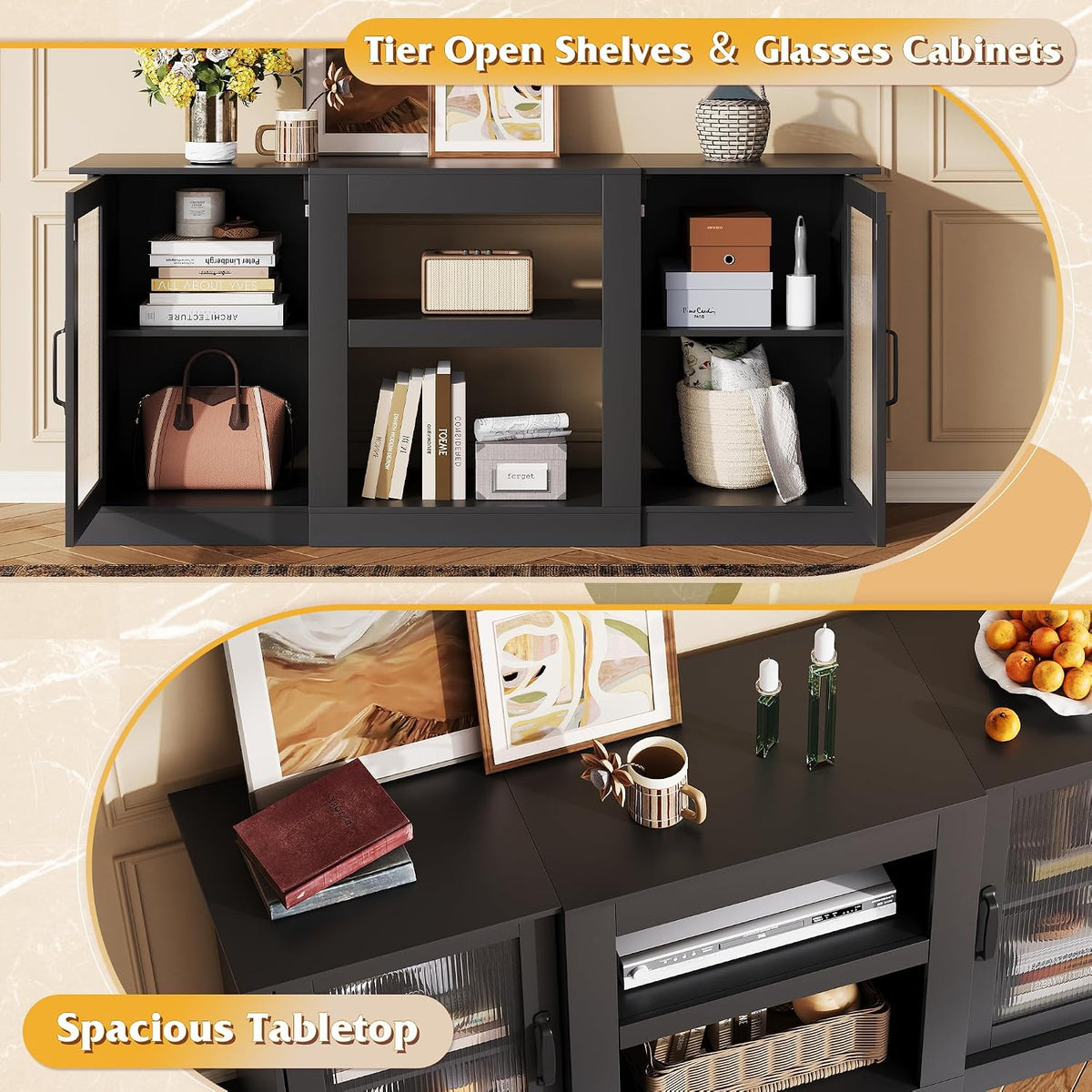 WLIVE 58" Farmhouse TV Stand for 65/60/55 Inch TVs, Tall Entertainment Center with Storage Cabinets & Adjustable Shelves, Modern Media Console Table with Acrylic Doors for Living Room Bedroom, Black