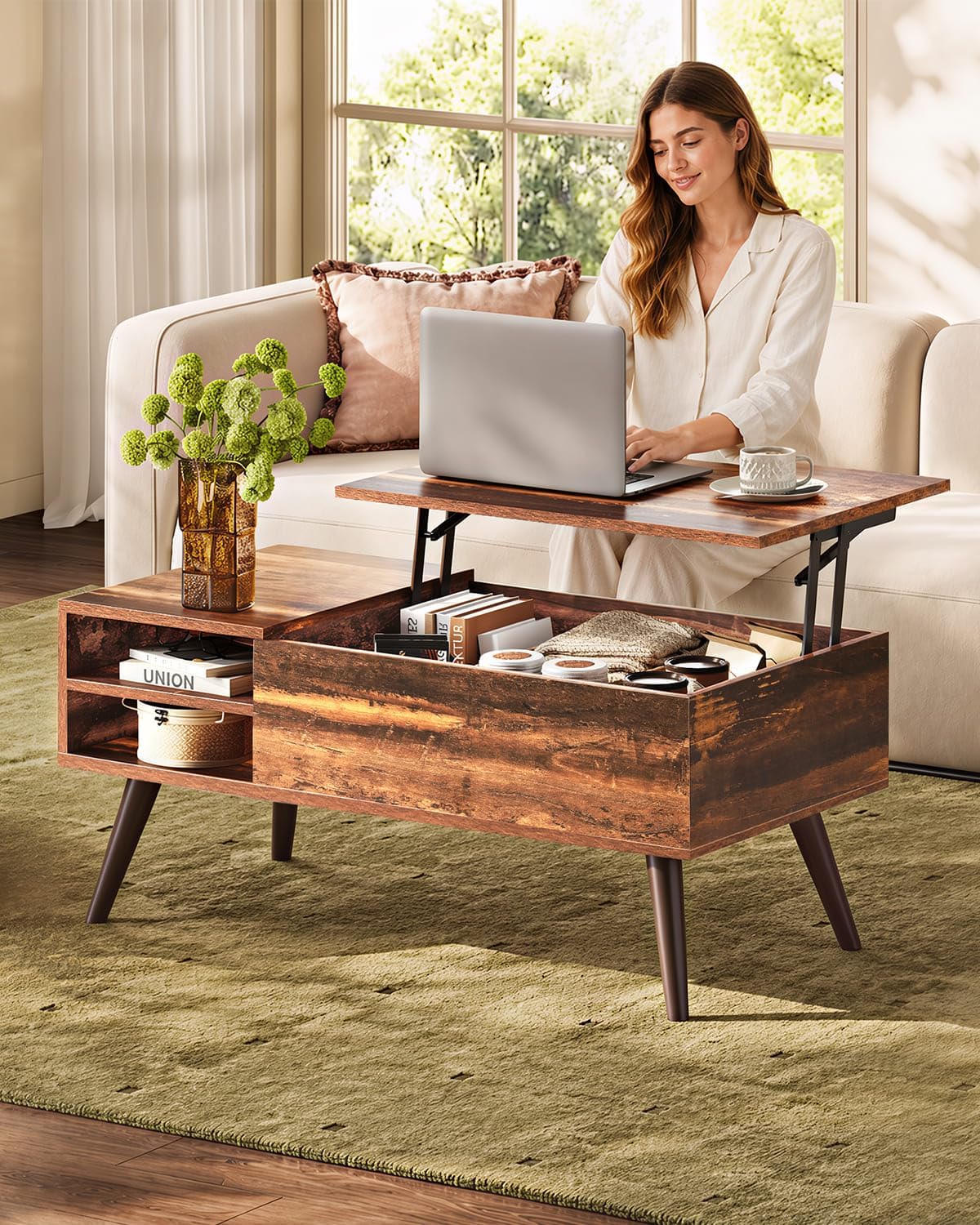 WLIVE Lift Top Coffee Table with Hidden Storage, Adjustable Shelf