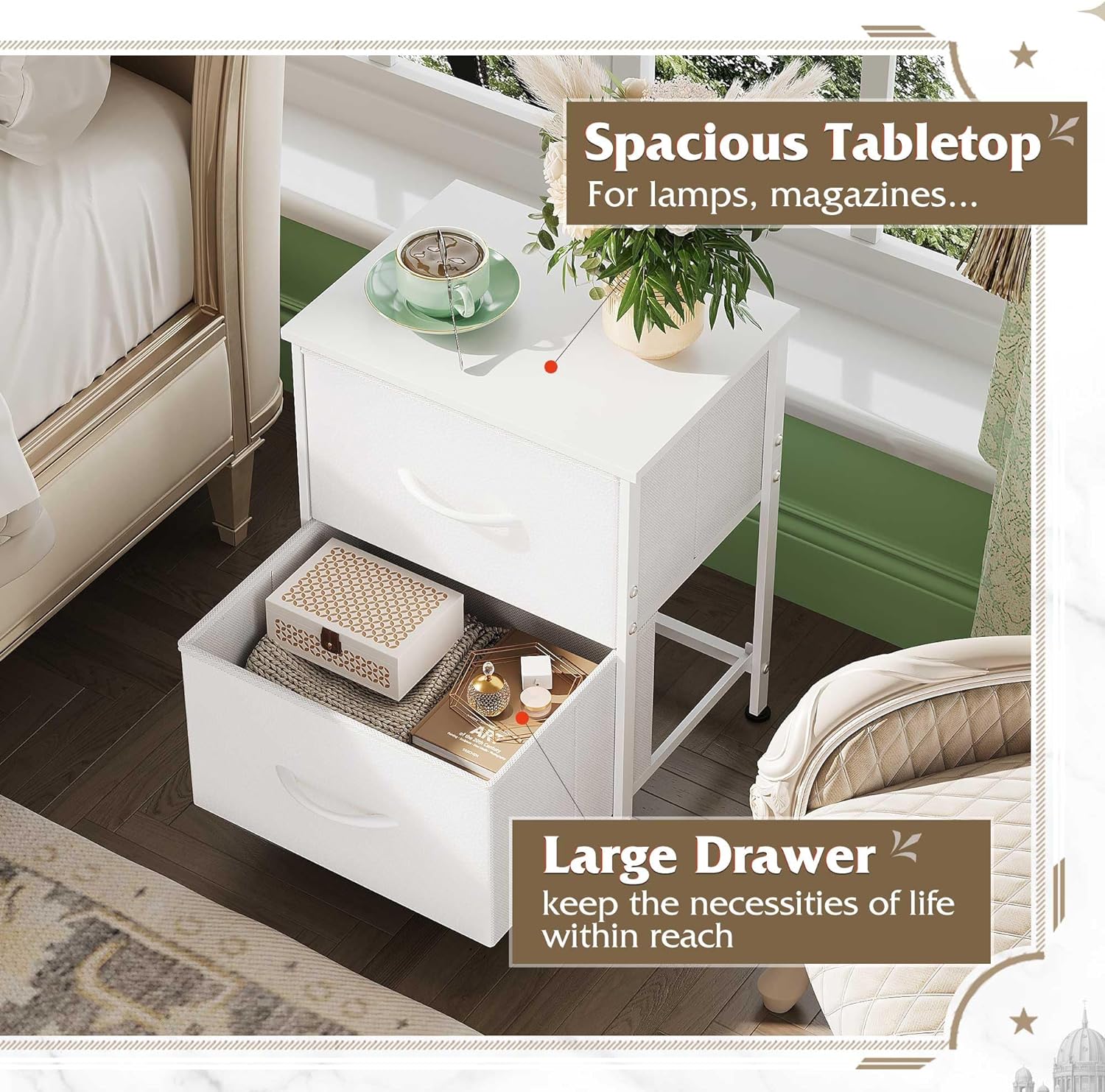 WLIVE Minimalist 2-Drawer Fabric Storage Nightstand