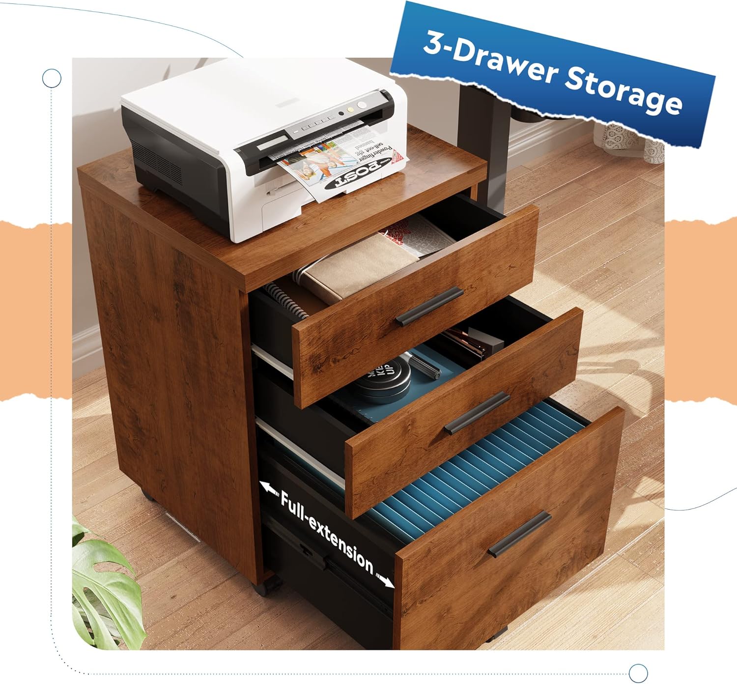 Drawer Storage of Walnut 3 Drawer File Cabinet