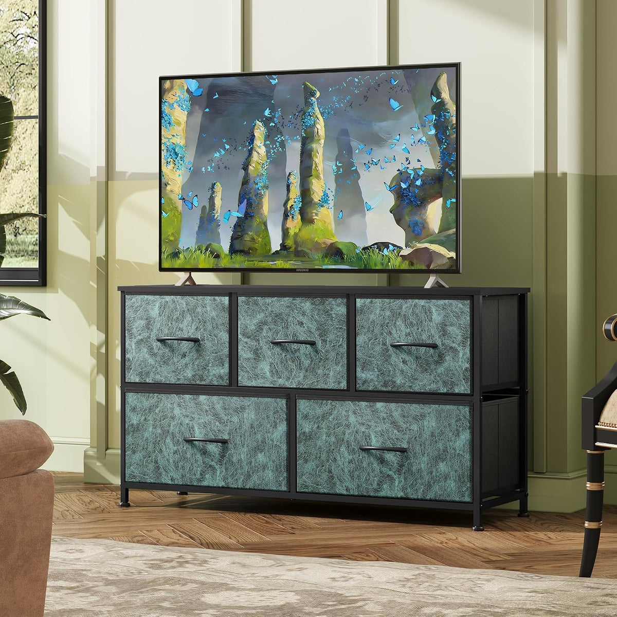 WLIVE Dresser for Bedroom, Wide Dresser with 5 Fabric Drawer Charcoal Black