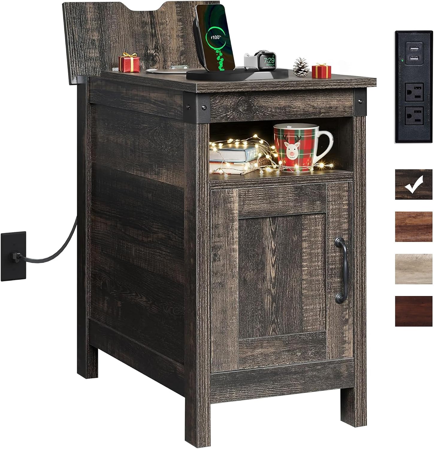 WLIVE End Table with Charging Station, Narrow Side Table for Living Room, Farmhouse Night Stand with Storage, Small Wooden Cabinet with USB Ports and Outlets for Living Room and Bedroom