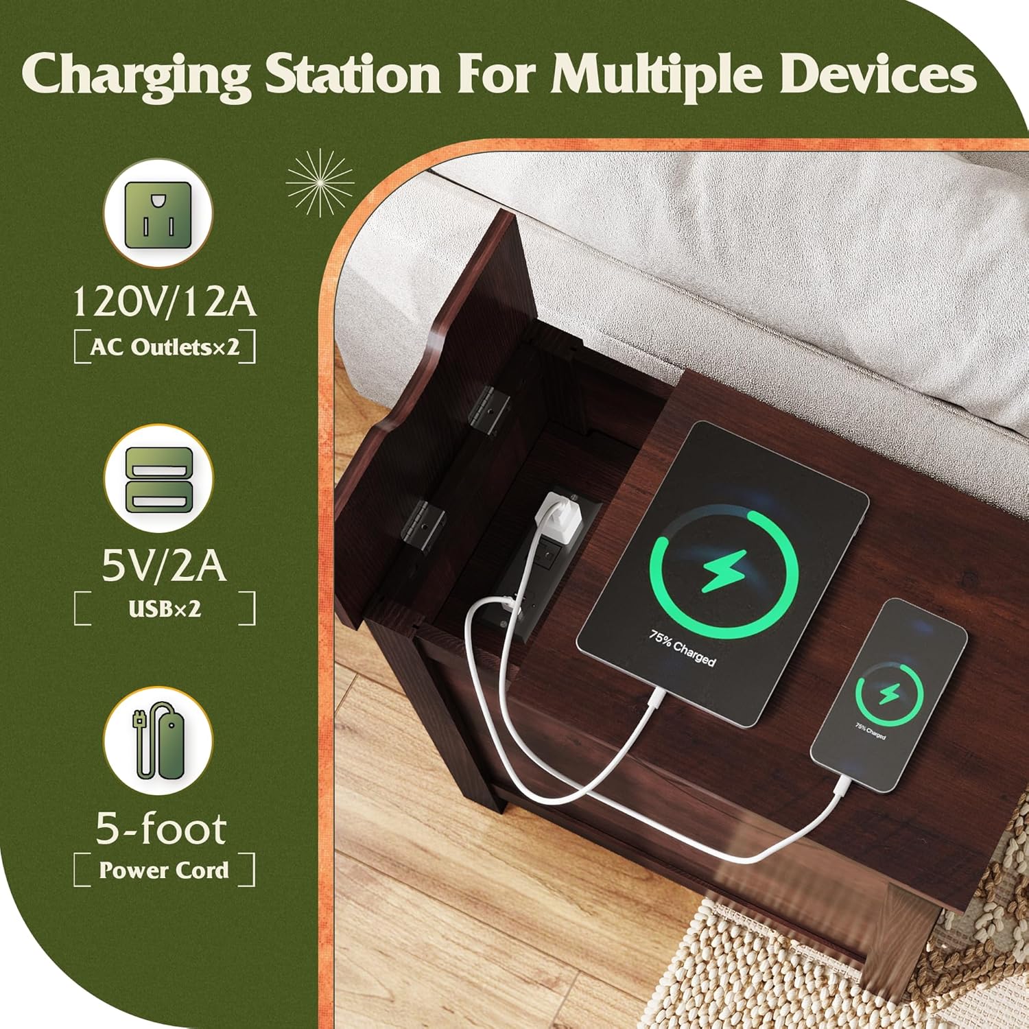 WLIVE Narrow Vintage Charging Side Table with Cabinet