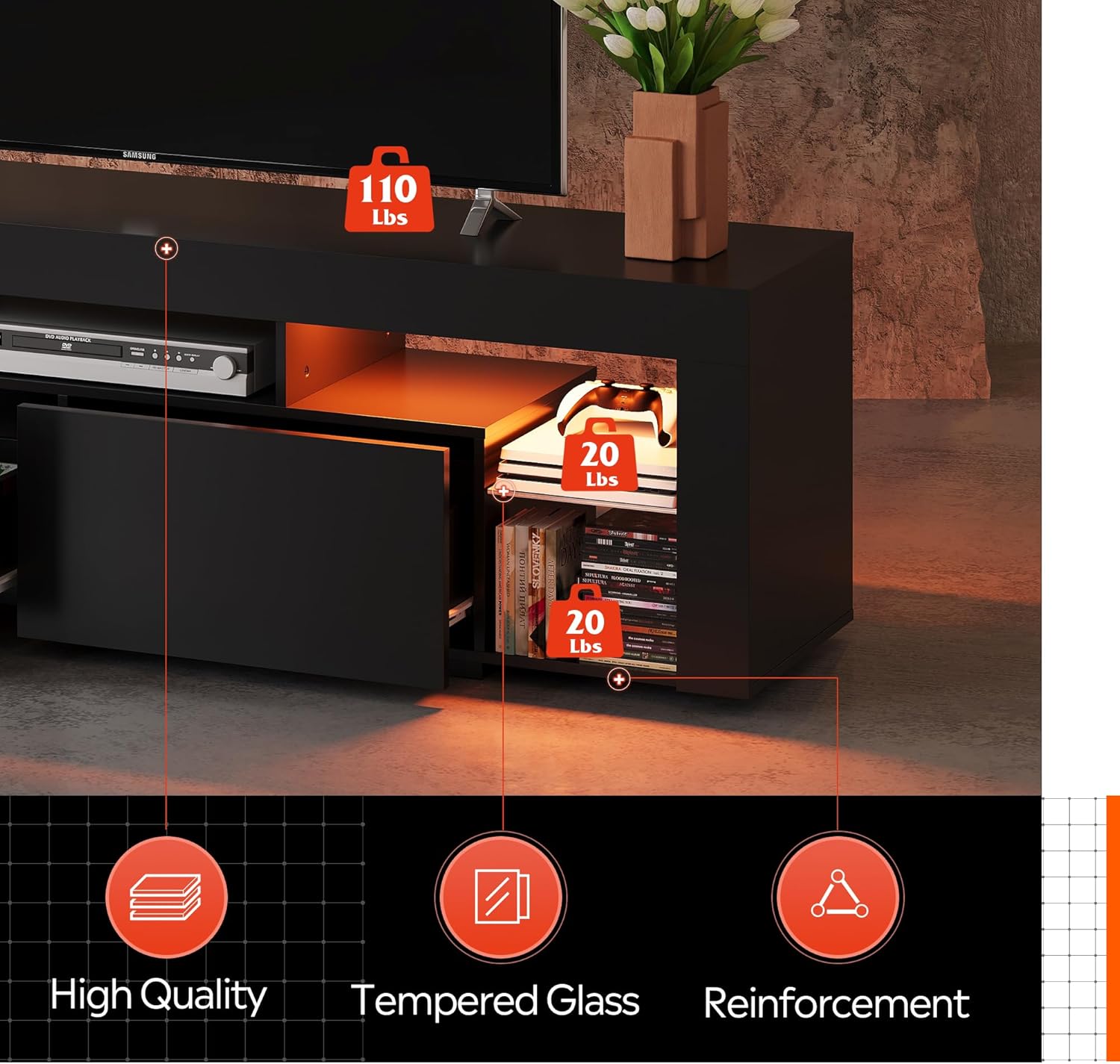 WLIVE Modern LED TV Stand with Glass Shelves for 70 Inch TV