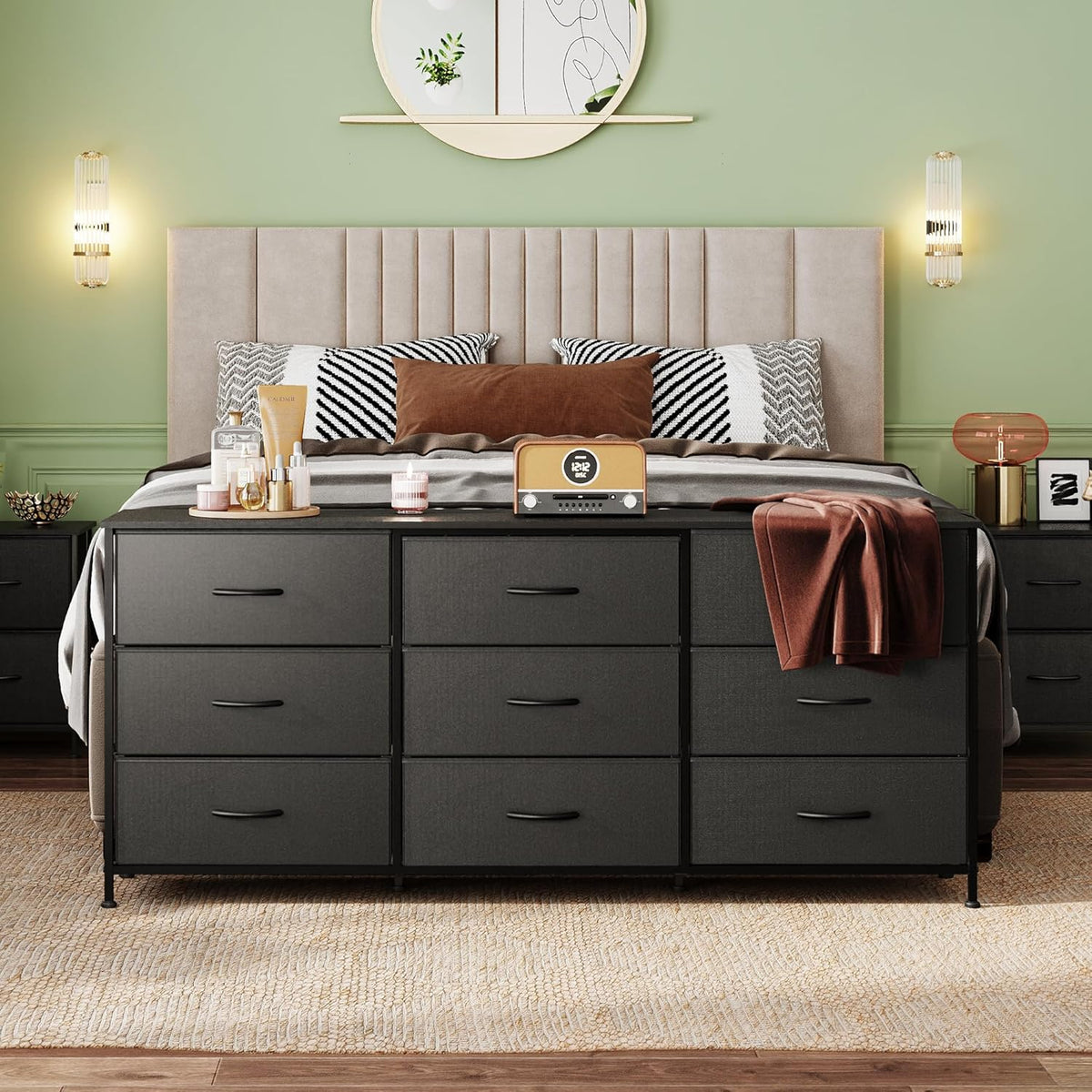 WLIVE Dresser TV Stand for 75'' TV, 9 Fabric Drawers of Wide Dresser, Black