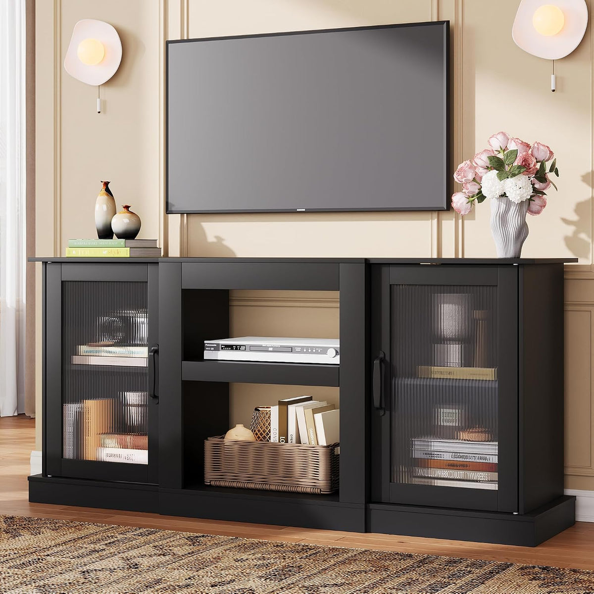 WLIVE 58" Farmhouse TV Stand for 65/60/55 Inch TVs, Tall Entertainment Center with Storage Cabinets & Adjustable Shelves, Modern Media Console Table with Acrylic Doors for Living Room Bedroom, Black