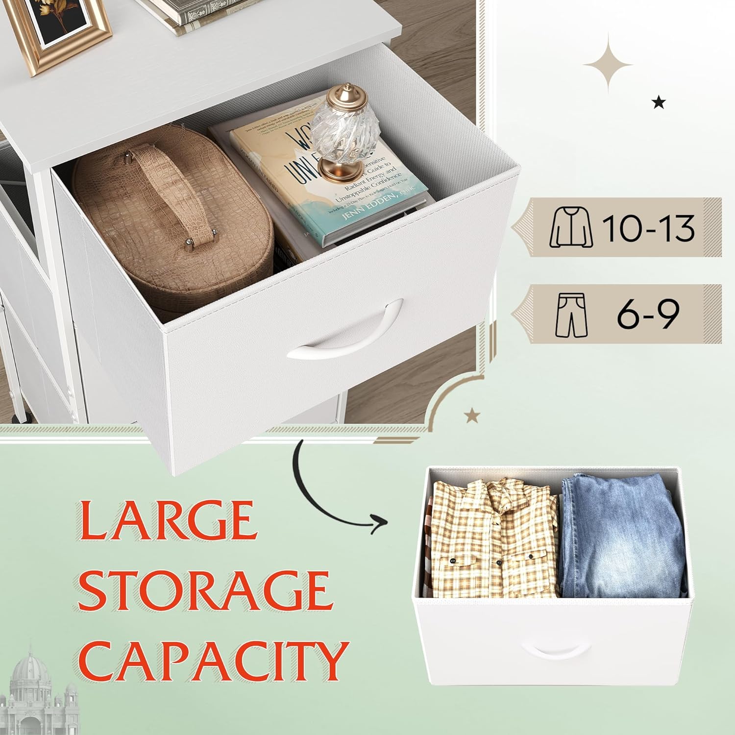WLIVE Minimalist 3-Drawer Fabric Storage Nightstand