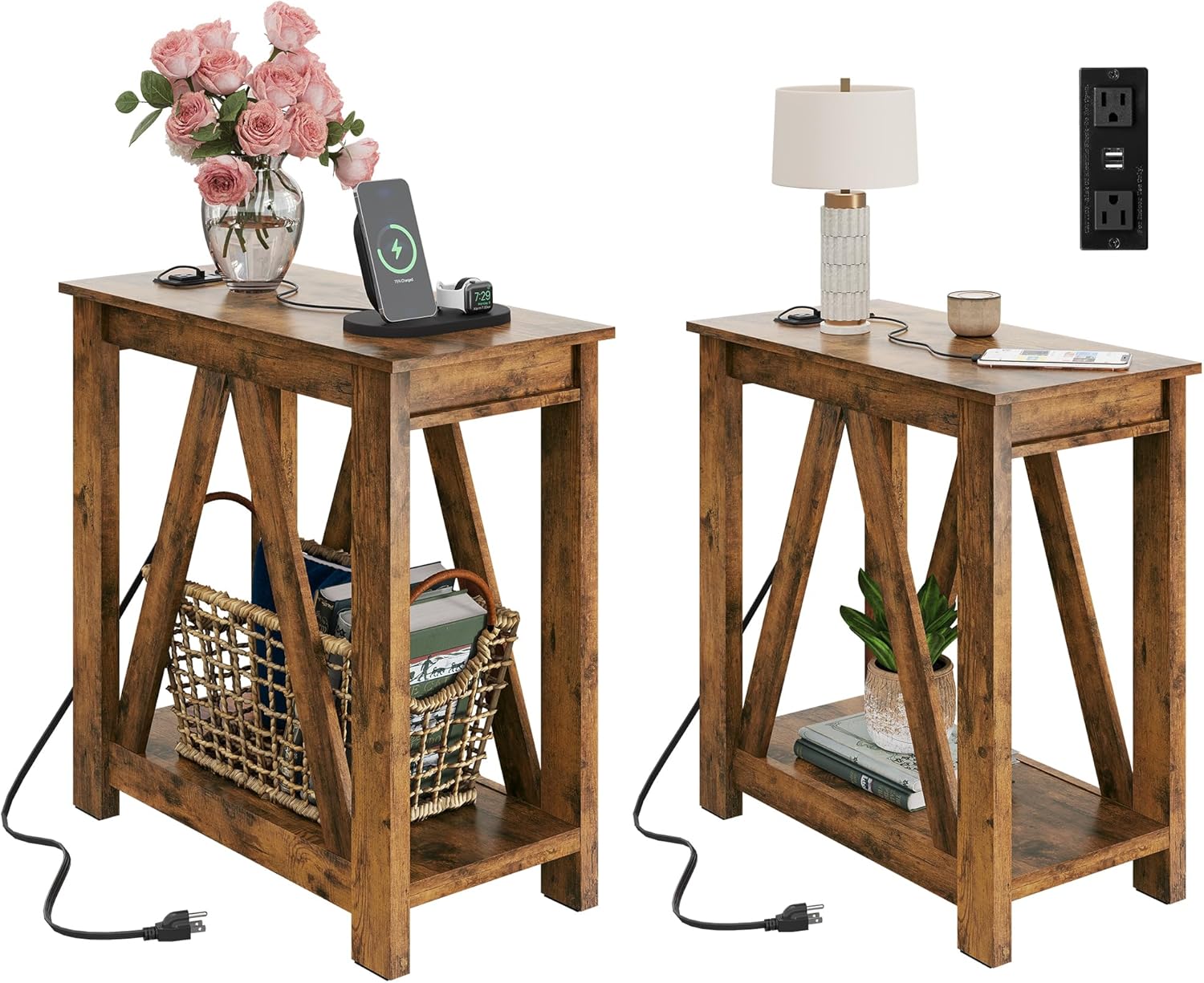 WLIVE End Tables Living Room Set of 2 with Charging Station, Sofa Side Tables with Open Storage Shelf, Slim Farmhouse End Table Sets