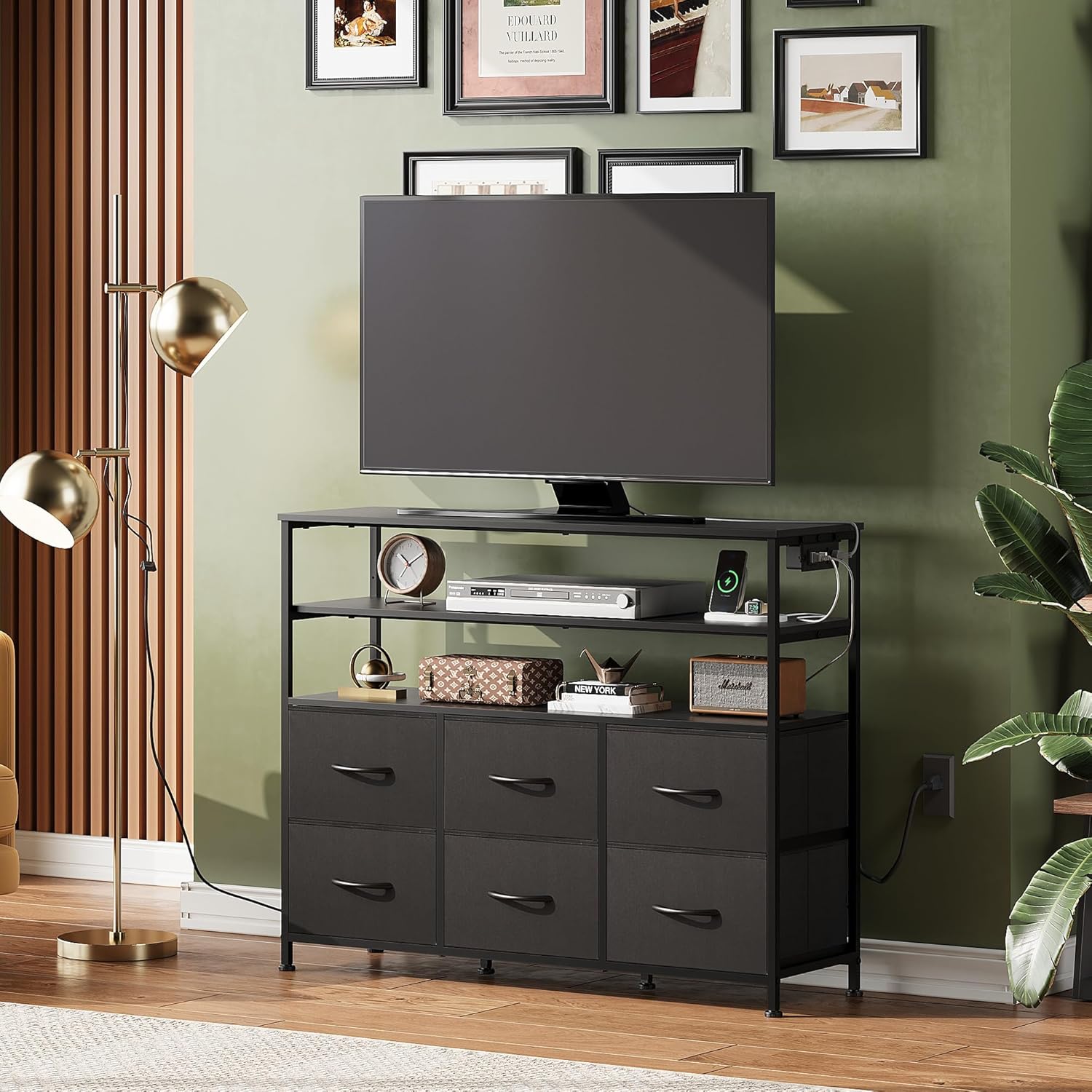 WLIVE Minimalist 6-Drawer LED Large Storage Fabric Dresser TV Stand