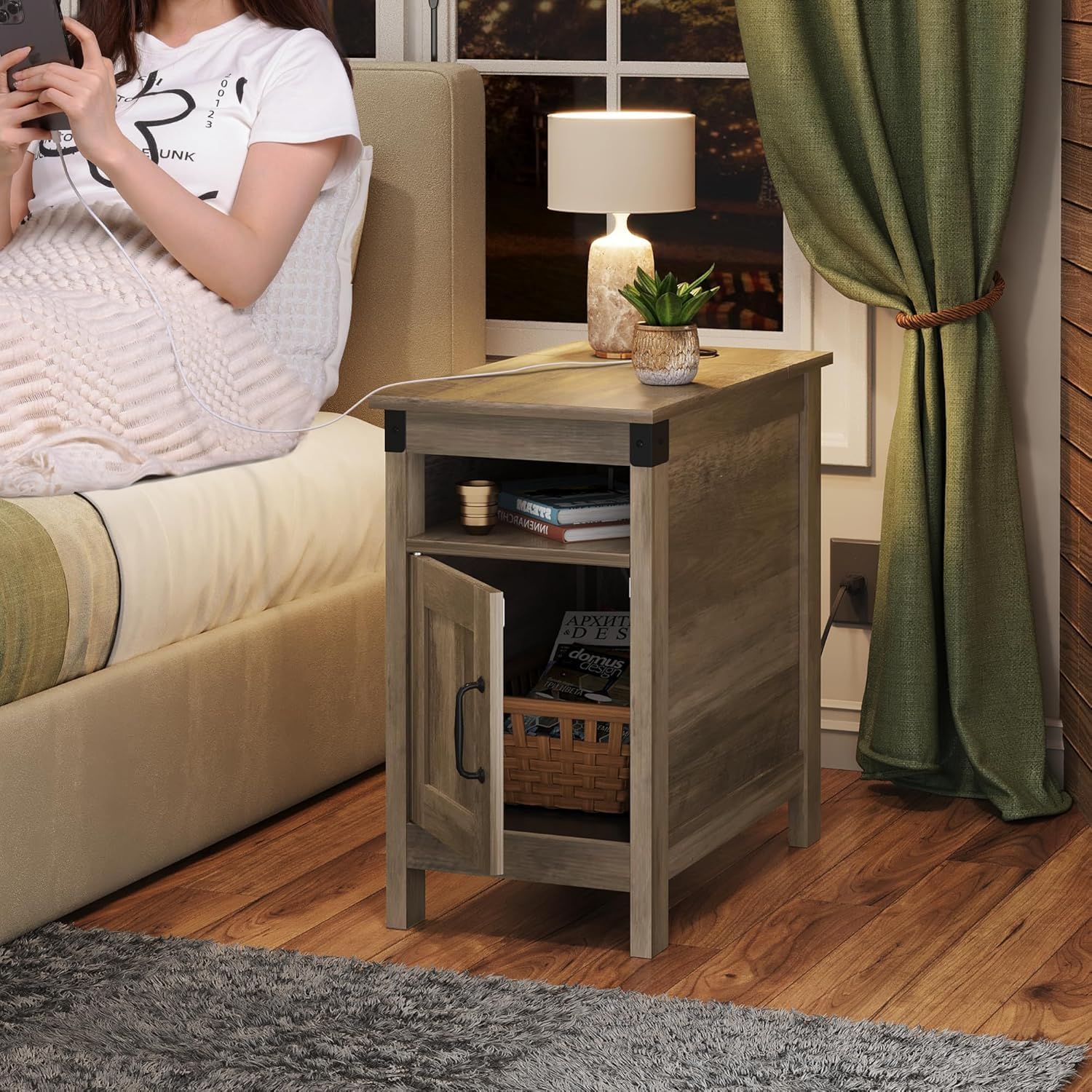 WLIVE Farmhouse End Table Set of 2 with Charging Station, Narrow Side Tables Living Room, Bedroom, Couch with USB Ports and Outlets, Wood Nightstand Sets with Storage