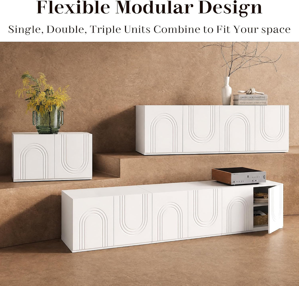 WLIVE Modern Modular TV Stand for 100 inch TV, Combinable Storage,  Cream White 3D Embossed Arched Door Entertainment Center, Adjustable Shelves, Cable Management, Living Room, Bedroom