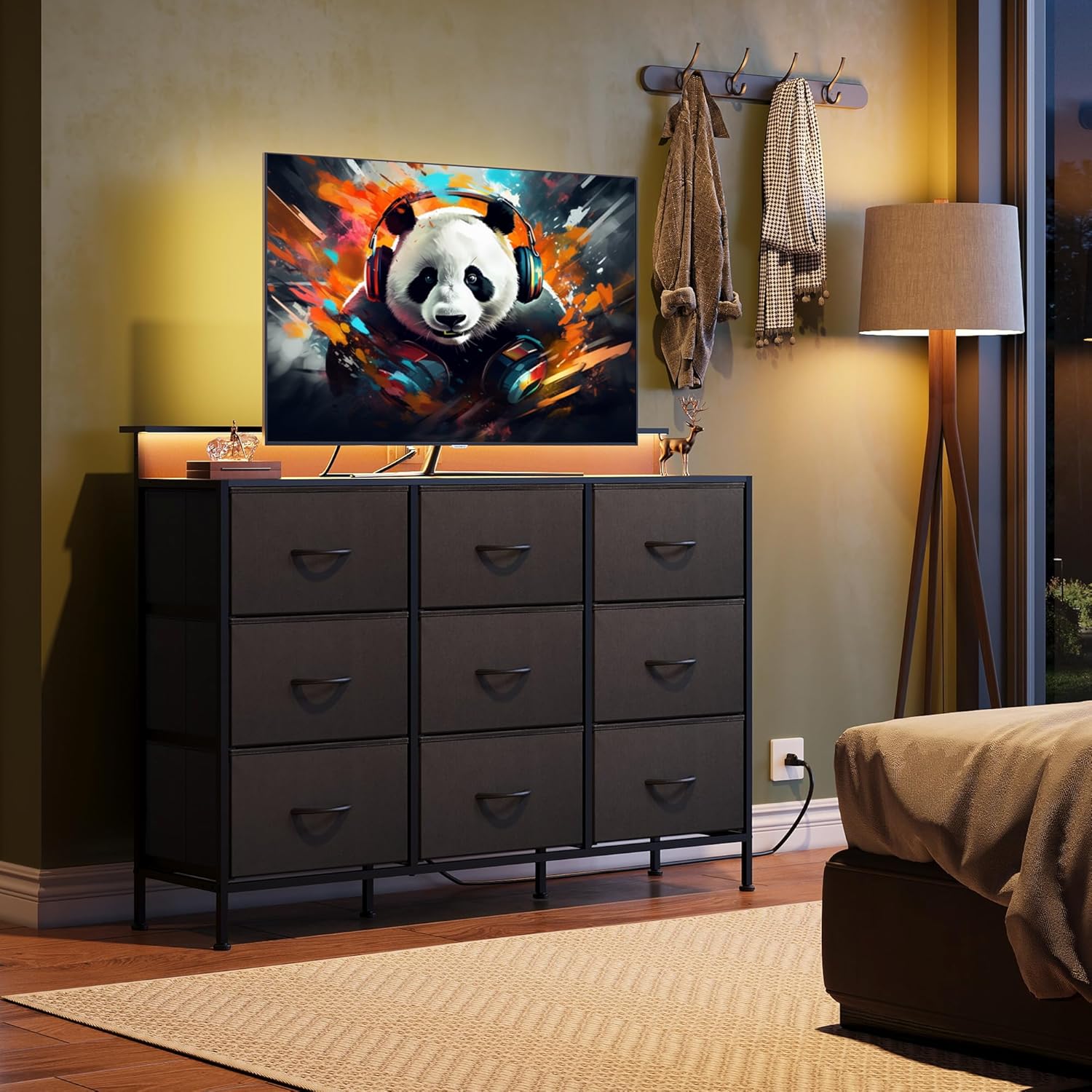 WLIVE Minimalist 9-Drawer LED Large Storage Fabric Dresser TV Stand