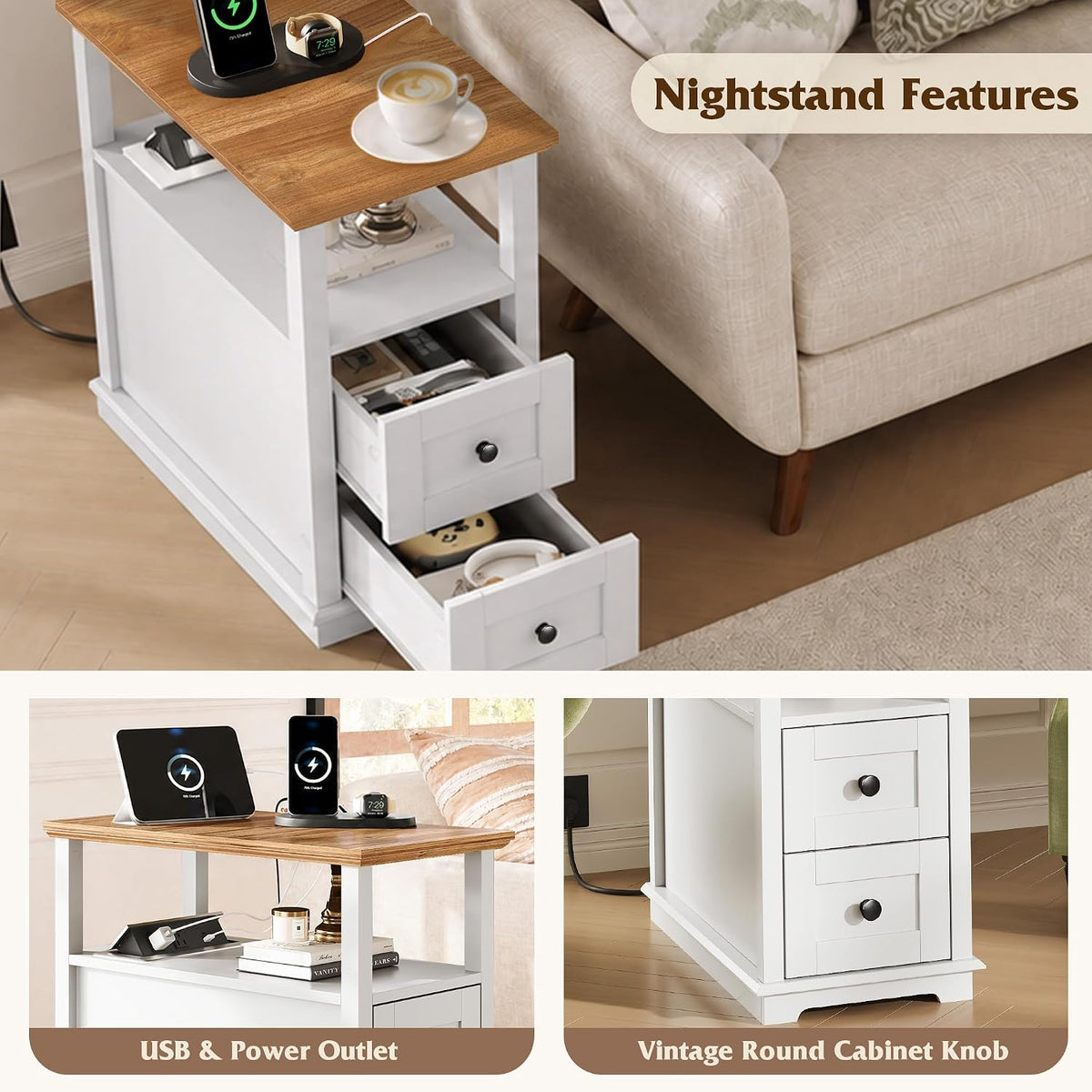 WLIVE End Table with Charging Station & 2 Drawers Narrow Nightstand White 2 USB Ports + 2 AC Outlets; Hidden Flip-Top Charging Station; Antique Cherry Finish; 2 Drawers + Open Shelf + Cabinet Storage