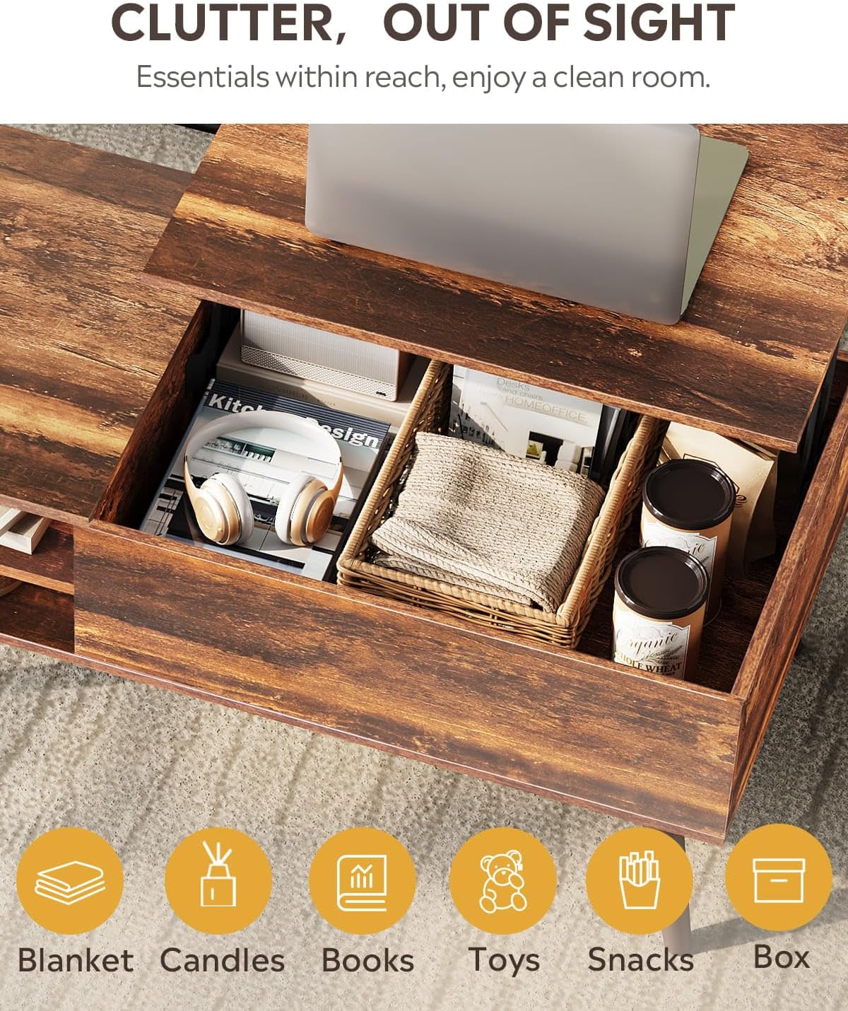 WLIVE Lift Top Coffee Table with Hidden Storage, Adjustable Shelf