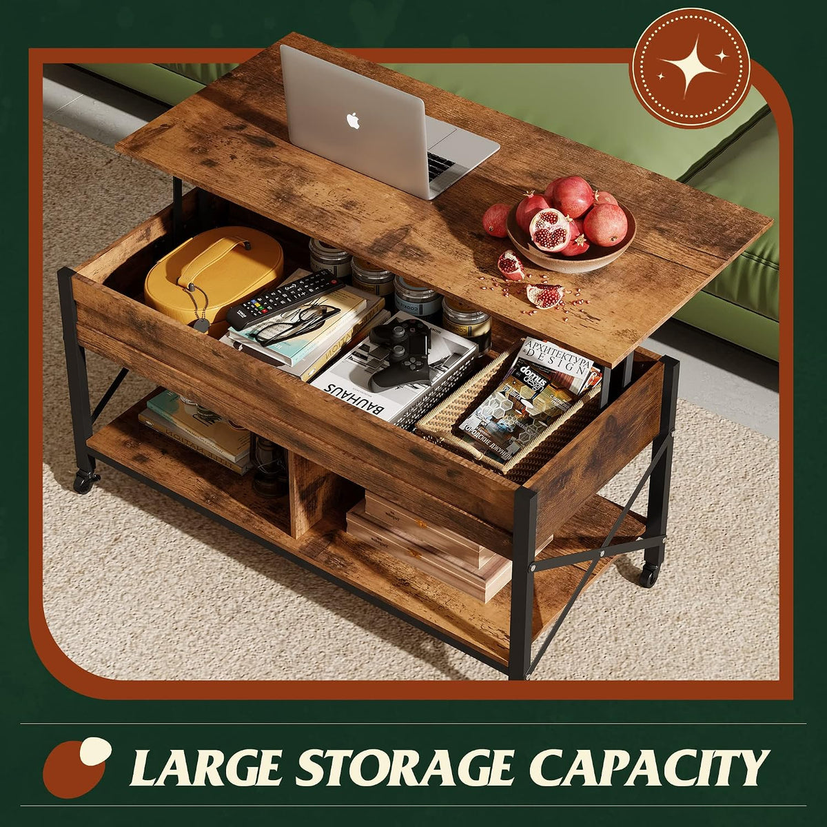 WLIVE Coffee Table Rustic Brown, 41.3" Lift Top Coffee Table with 4 Wheels