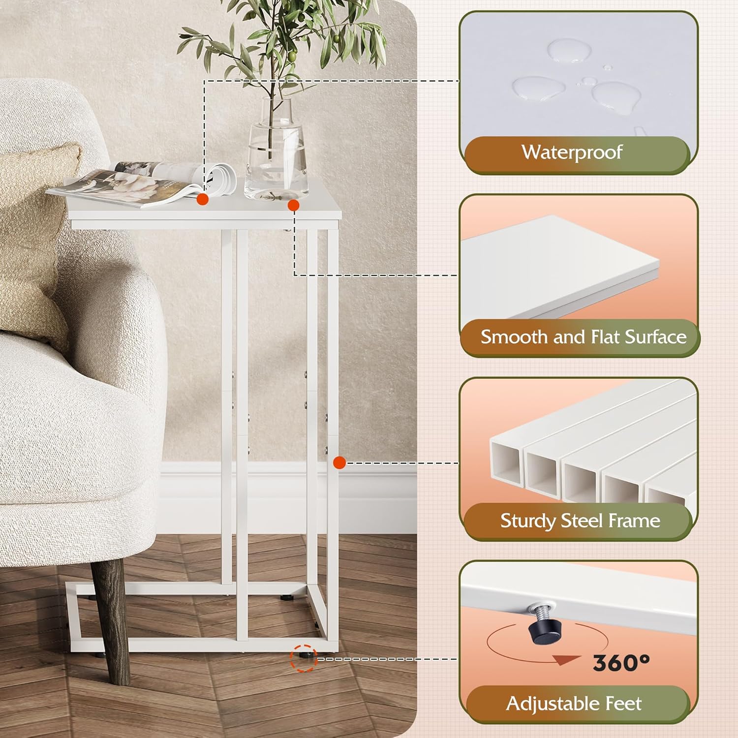 WLIVE Modern C Shaped Side Table with Large Desktop (24.92 in. H)