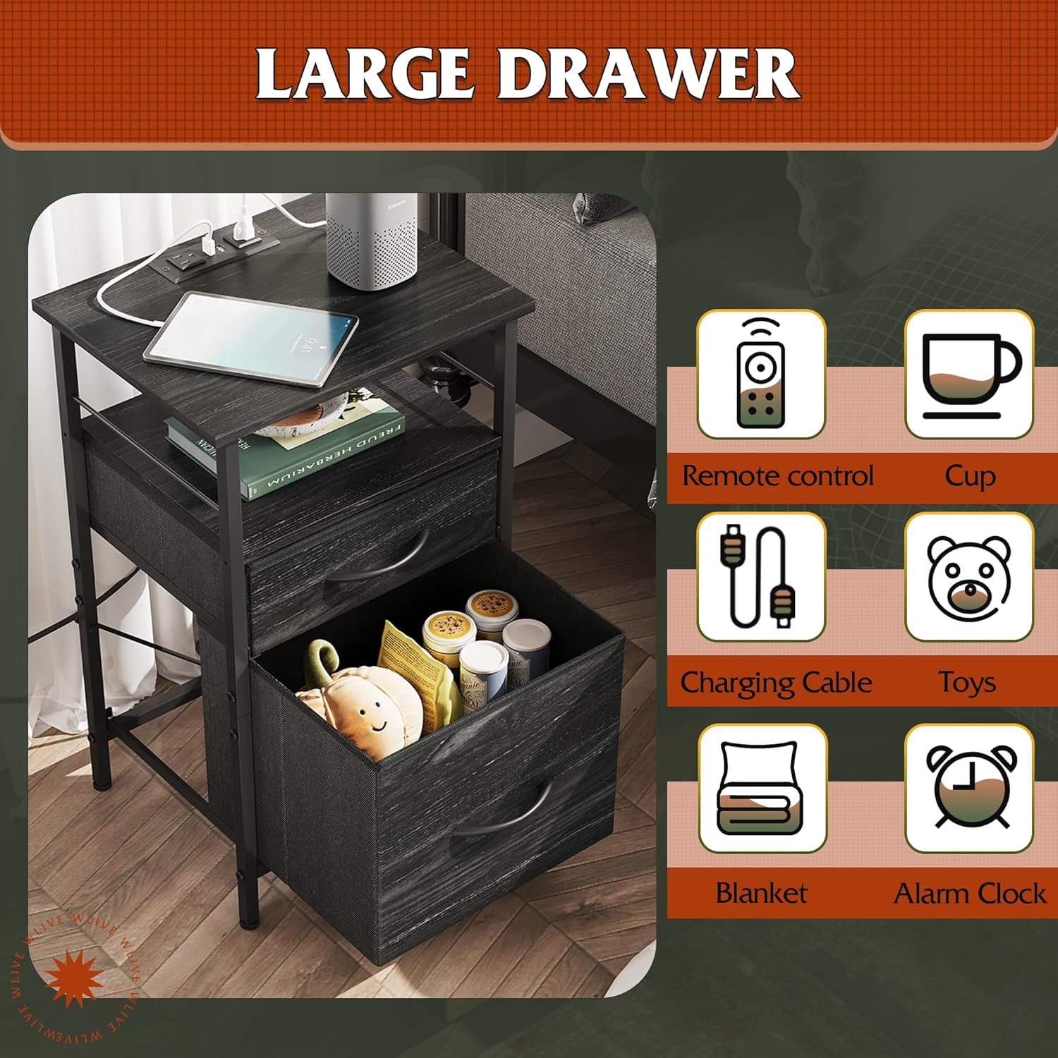 WLIVE Fabric Drawer Nightstand with Charging Station Set of 2
