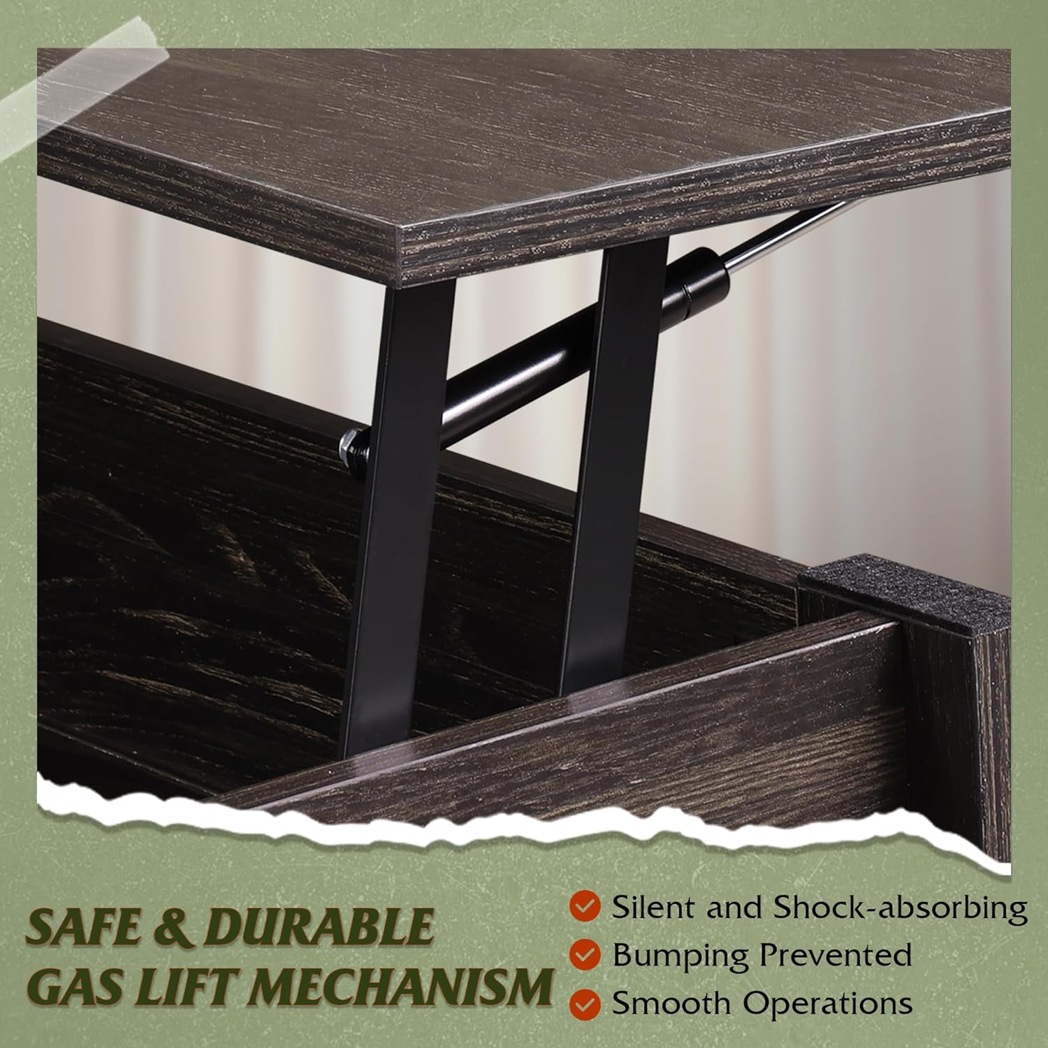 WLIVE Rectangle Rustic Lift Top Coffee Table with Storage Shelf