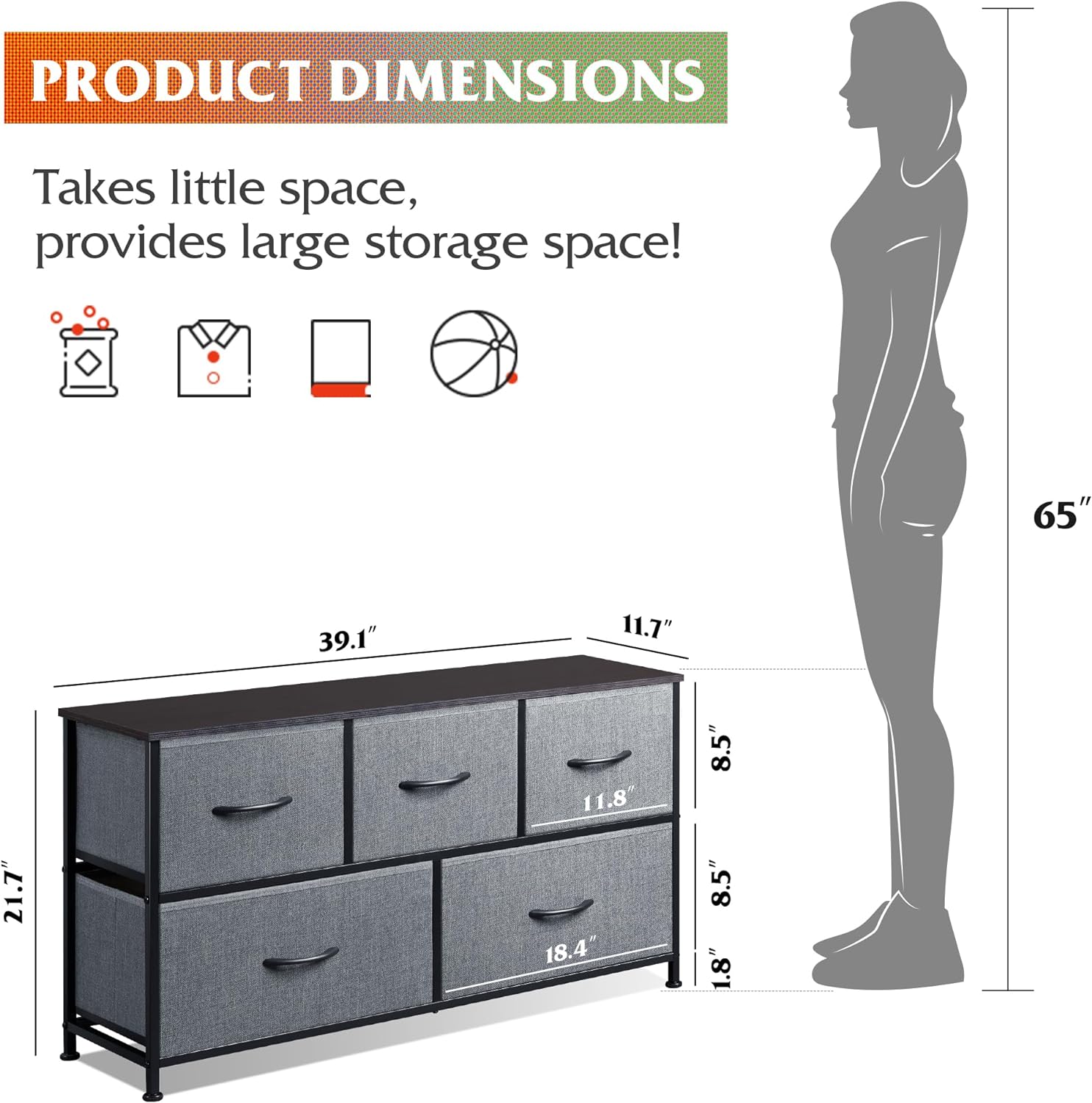 WLIVE Minimalist Wide Fabric 5-Drawer Dresser