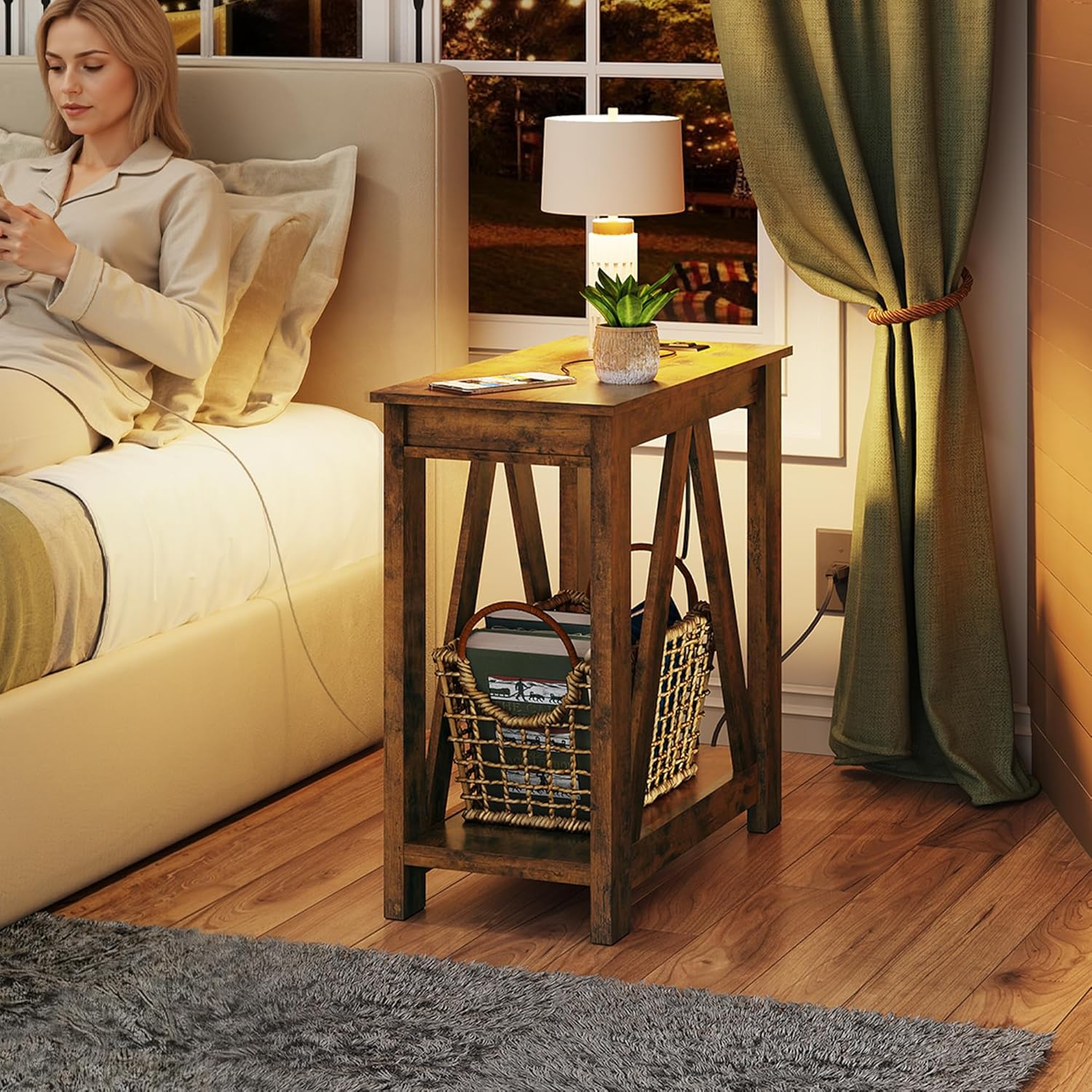 WLIVE End Tables Living Room Set of 2 with Charging Station, Sofa Side Tables with Open Storage Shelf, Slim Farmhouse End Table Sets