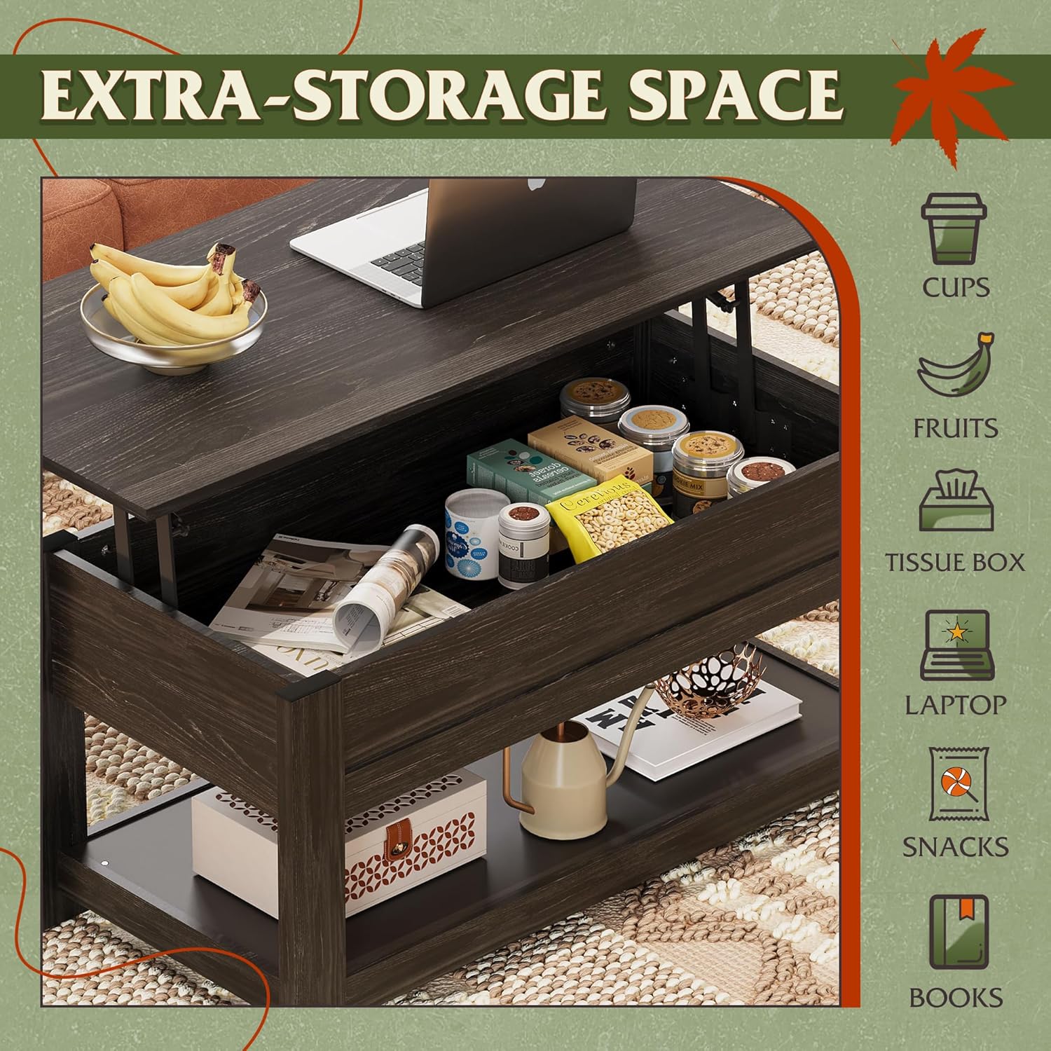 WLIVE Rectangle Rustic Lift Top Coffee Table with Storage Shelf