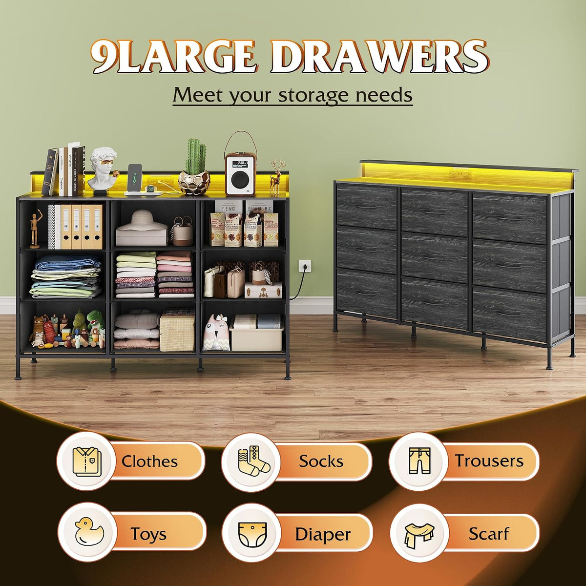 WLIVE Dresser TV Stand with LED Lights &Outlets, 9 Fabric Drawers, Charcoal