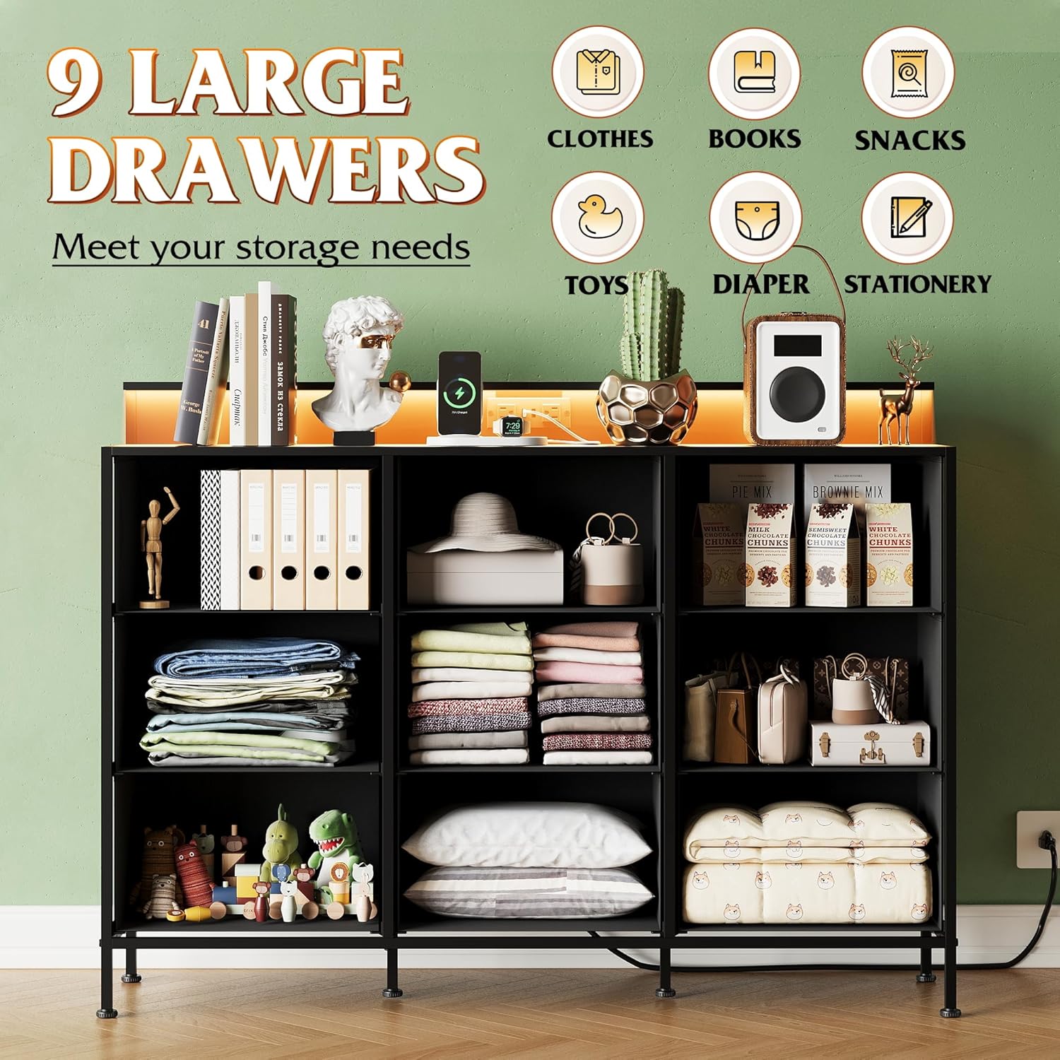 WLIVE Minimalist 9-Drawer LED Large Storage Fabric Dresser TV Stand