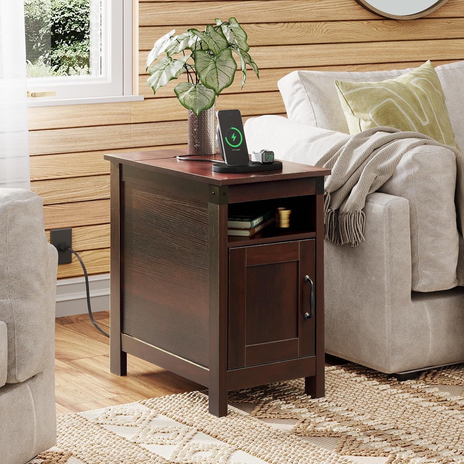WLIVE Farmhouse End Table Set of 2 with Charging Station, Narrow Side Tables Living Room, Bedroom, Couch with USB Ports and Outlets, Wood Nightstand Sets with Storage