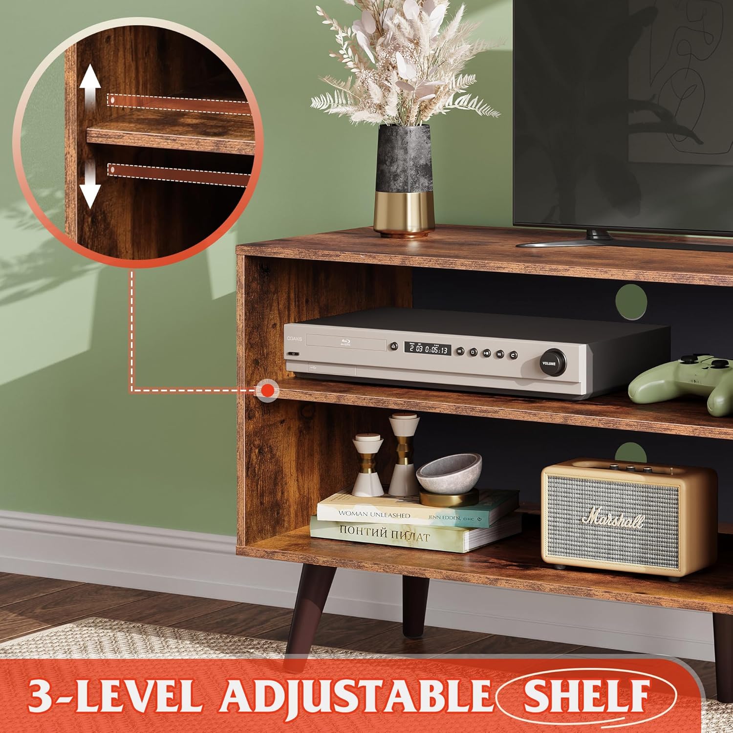 WLIVE Mid Century Modern TV Stand with 3-LEVEL ADJUSTABLE SHELF