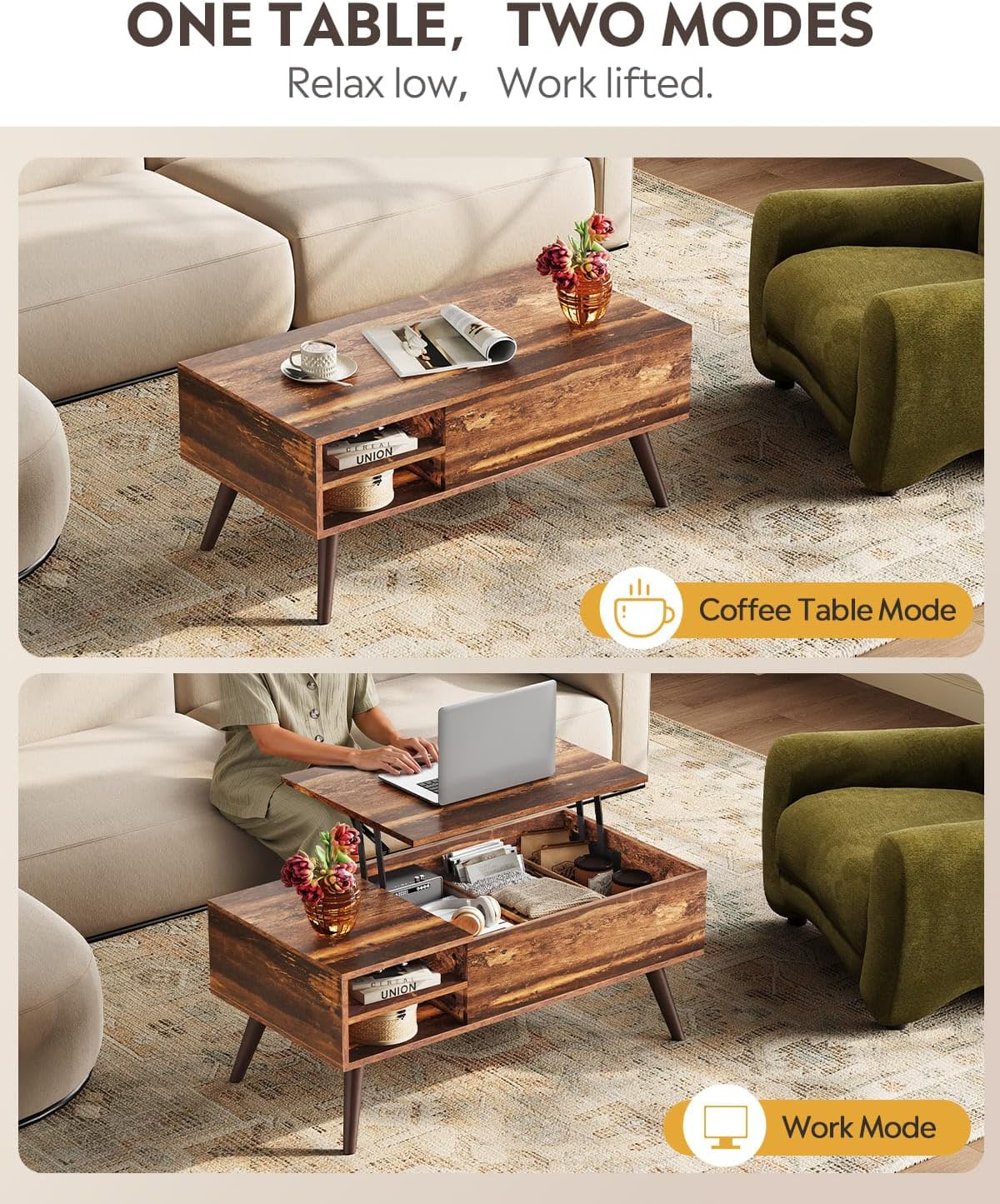 WLIVE Lift Top Coffee Table with Hidden Storage, Adjustable Shelf
