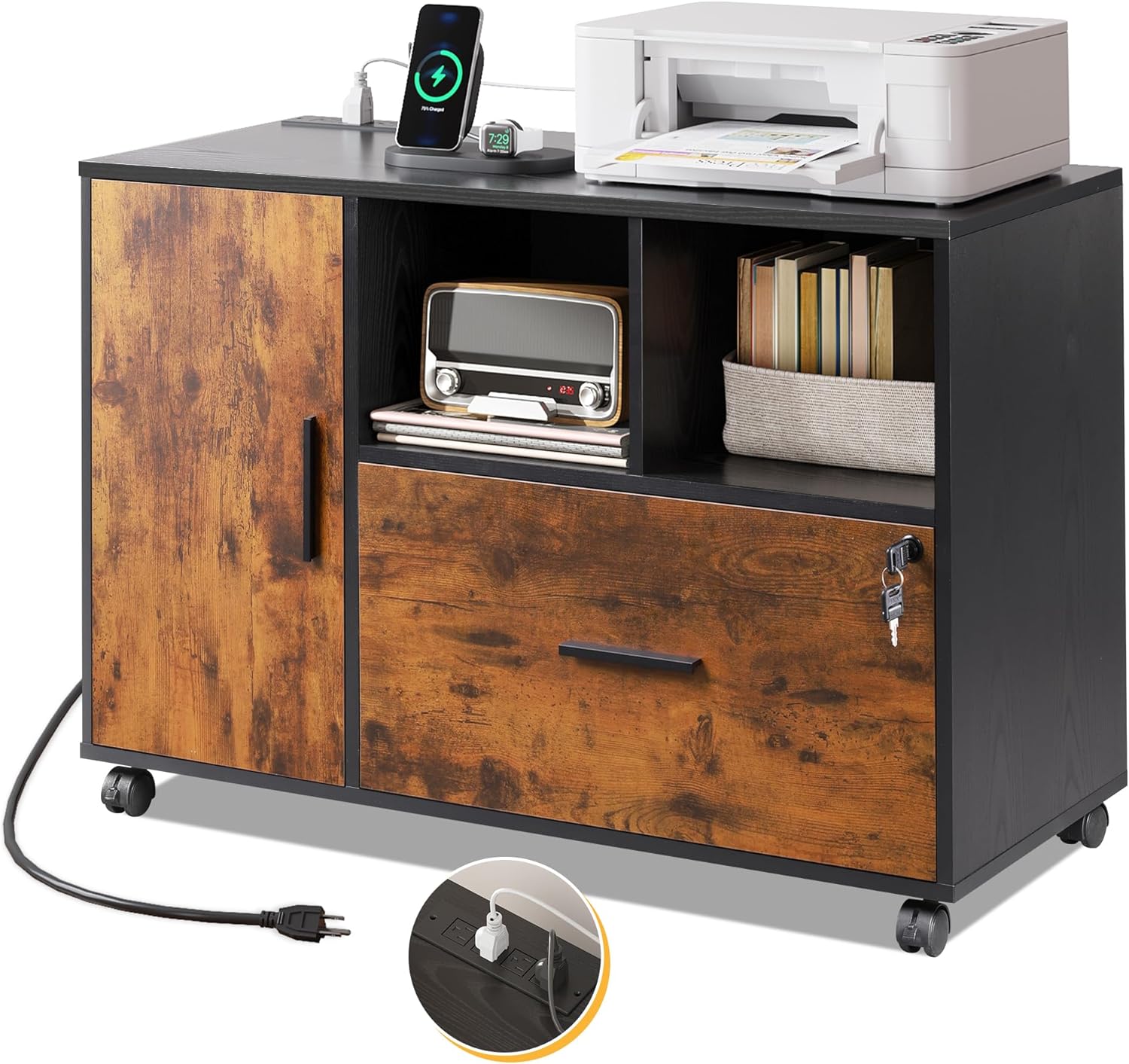 DEVAISE Wood File Cabinet with Charging Station