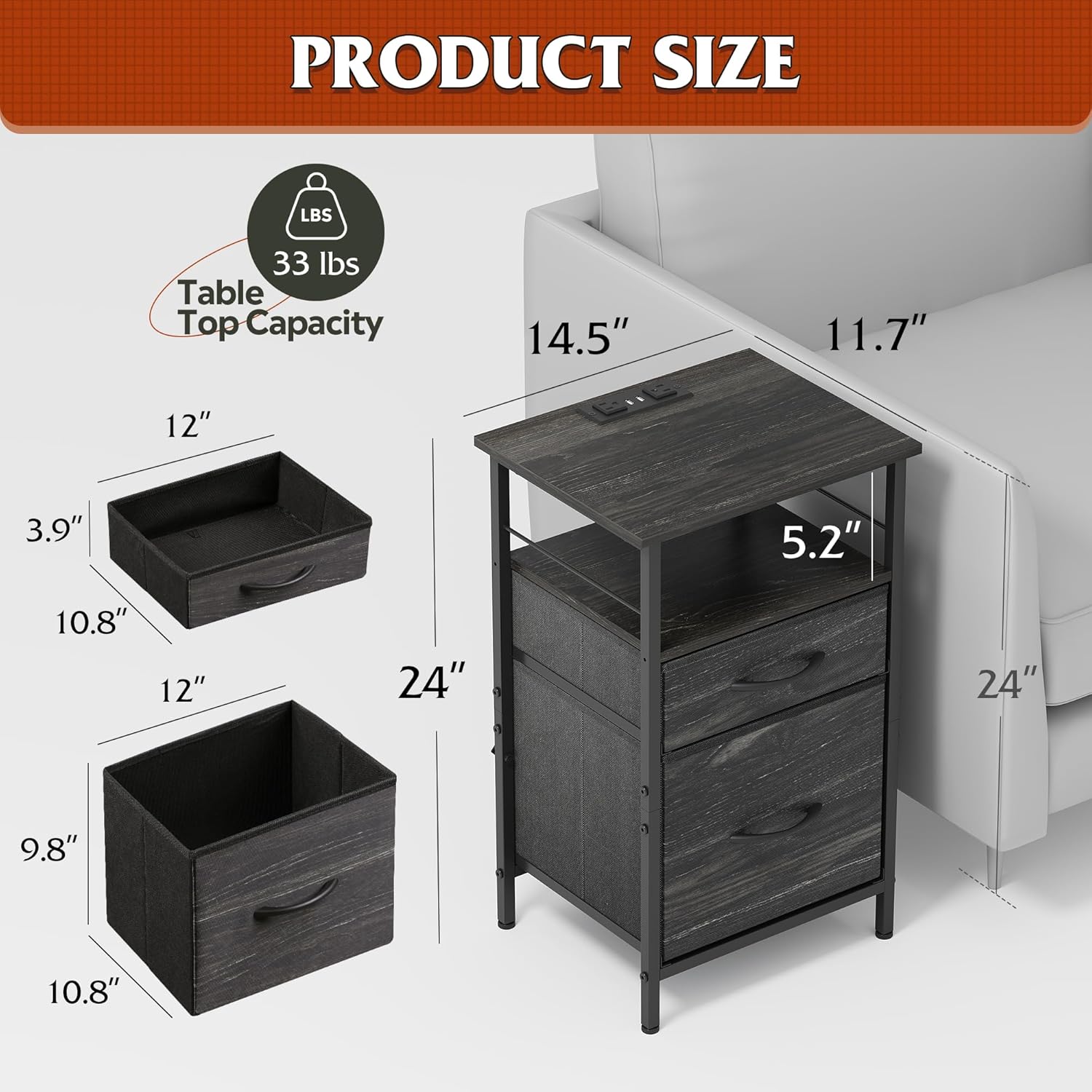 WLIVE Fabric Drawer Nightstand with Charging Station Set of 2