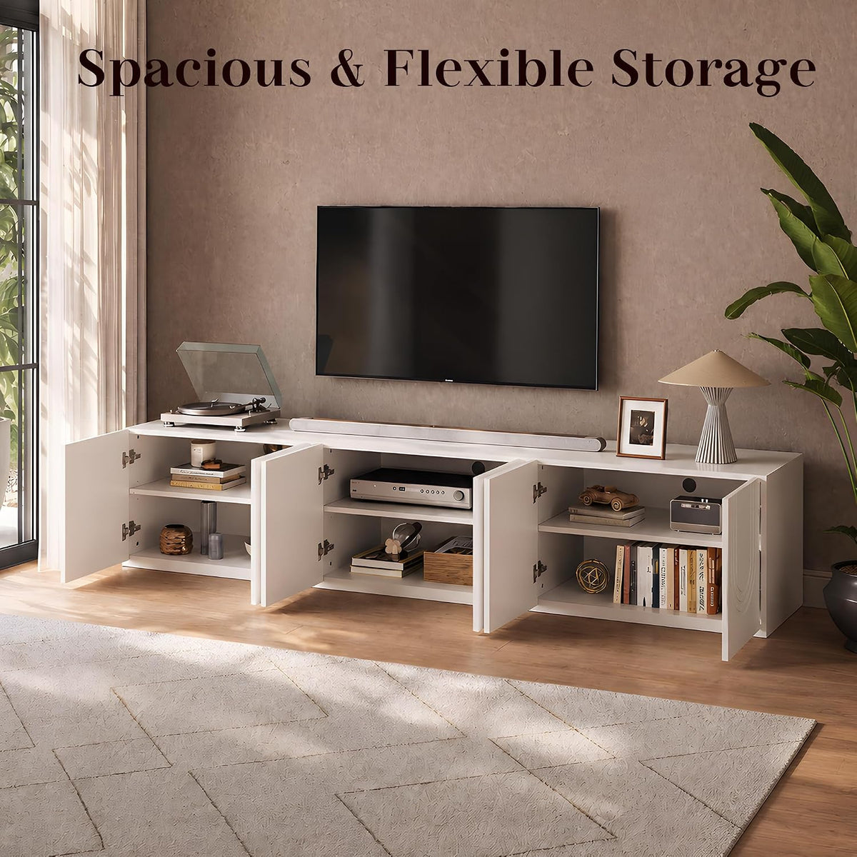 WLIVE Modern Modular TV Stand for 100 inch TV, Combinable Storage,  Cream White 3D Embossed Arched Door Entertainment Center, Adjustable Shelves, Cable Management, Living Room, Bedroom