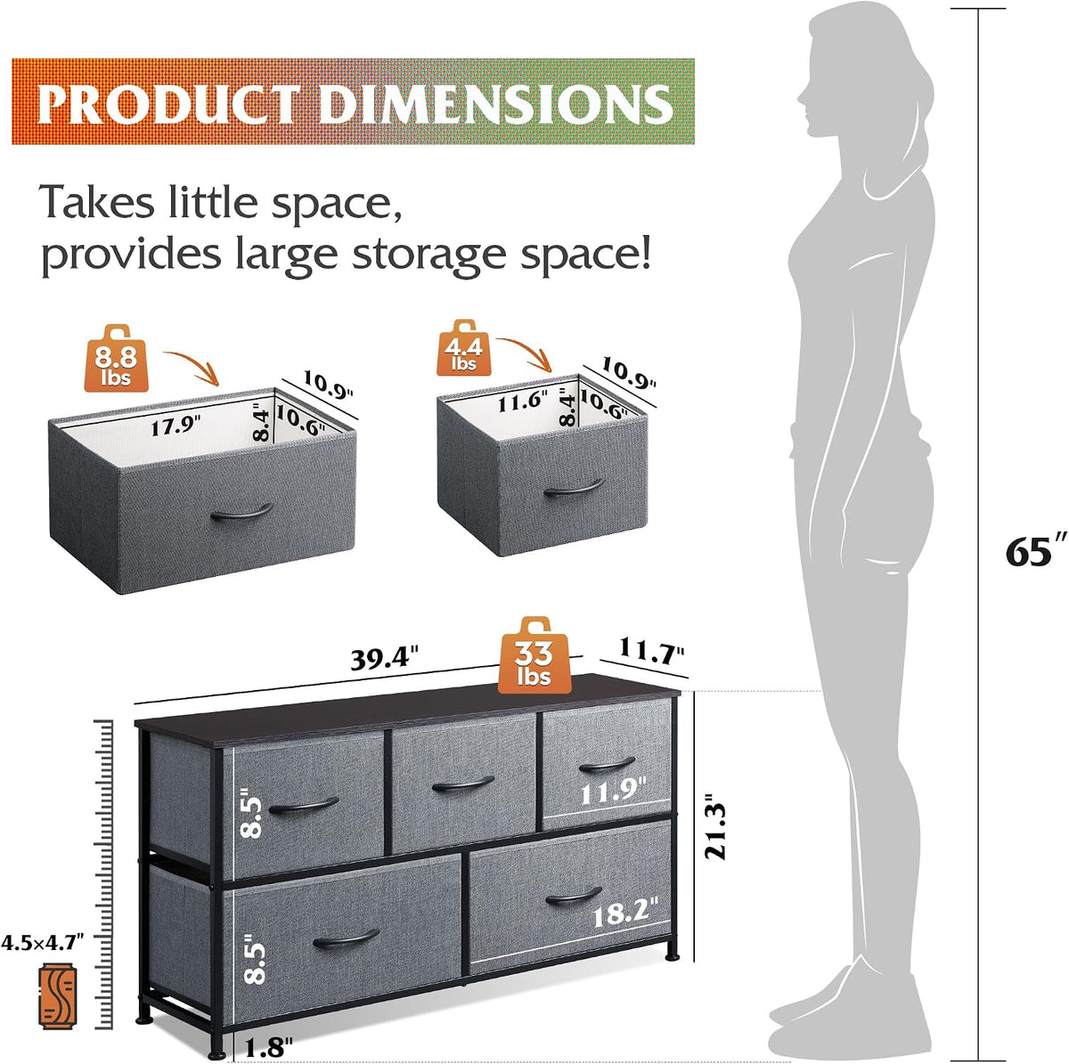 WLIVE Dresser for Bedroom, Wide Dresser with 5 Fabric Drawers, Dark Grey Chest of Drawers with Sturdy Steel Frame and Smooth Wood Tabletop, for Closet and Entryway