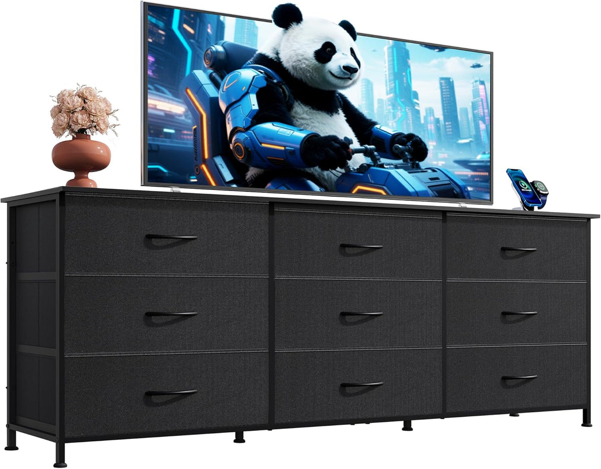 WLIVE Dresser TV Stand for 75'' TV, 9 Fabric Drawers of Wide Dresser, Black