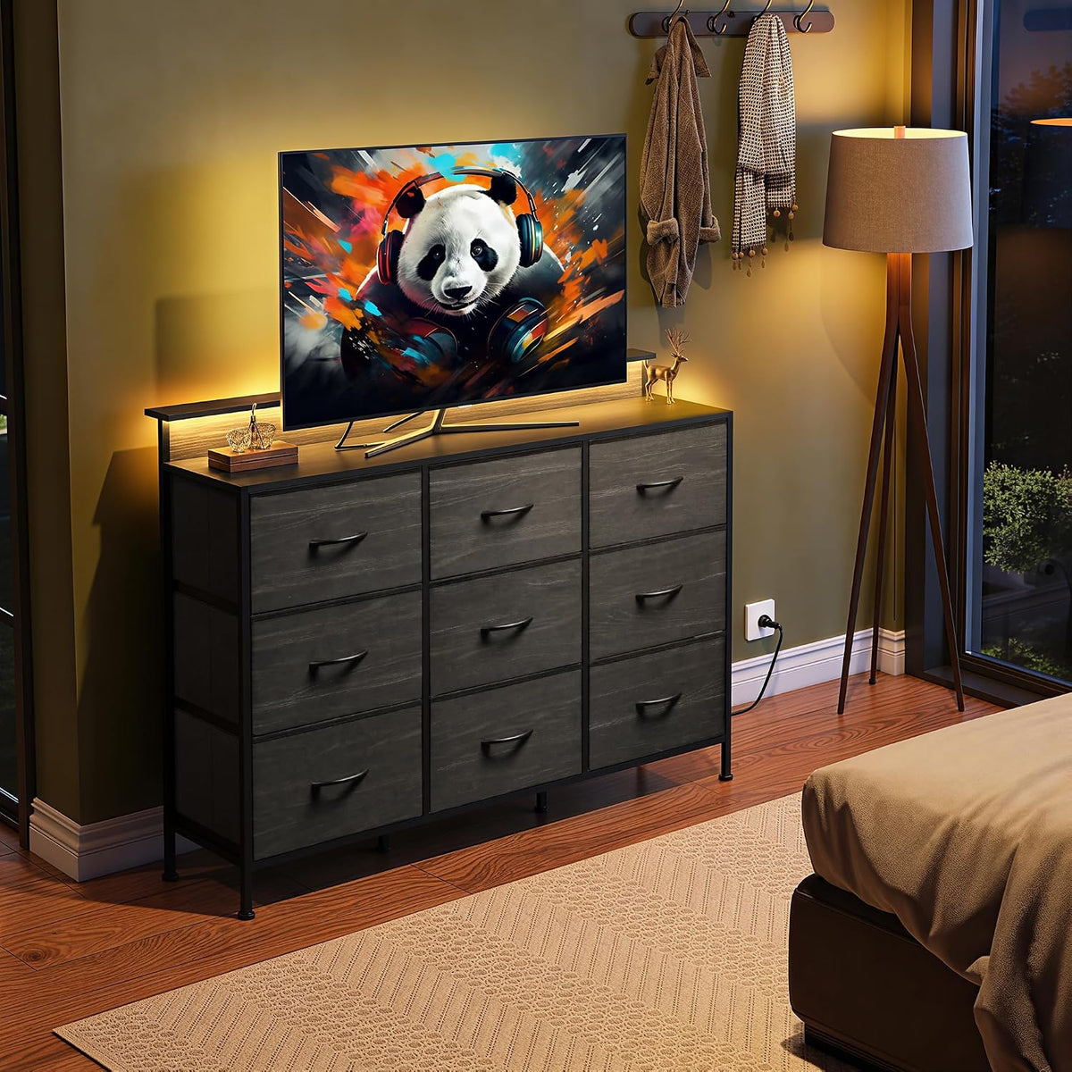 WLIVE Dresser TV Stand with LED Lights &Outlets, 9 Fabric Drawers, Charcoal