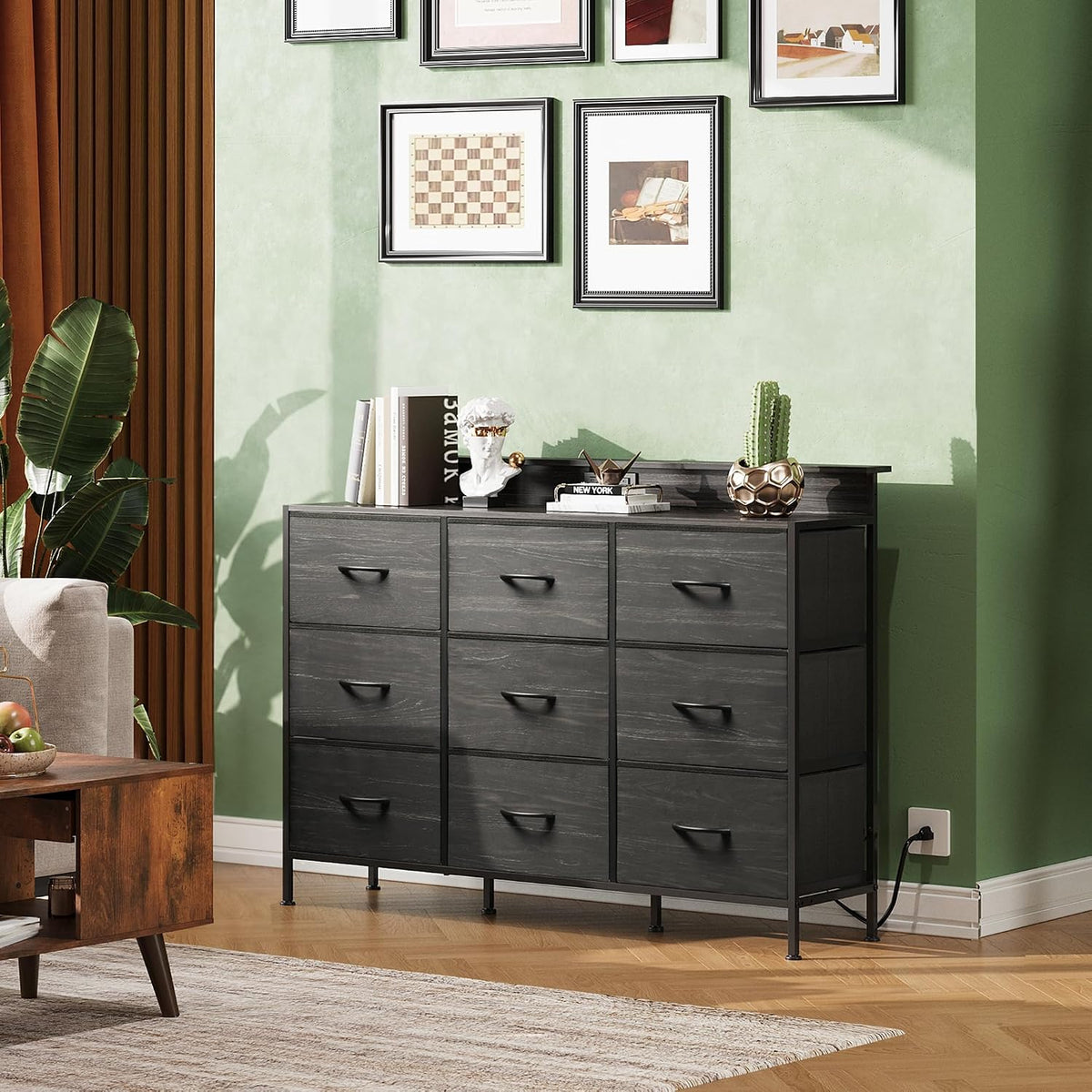 WLIVE Dresser TV Stand with LED Lights &Outlets, 9 Fabric Drawers, Charcoal